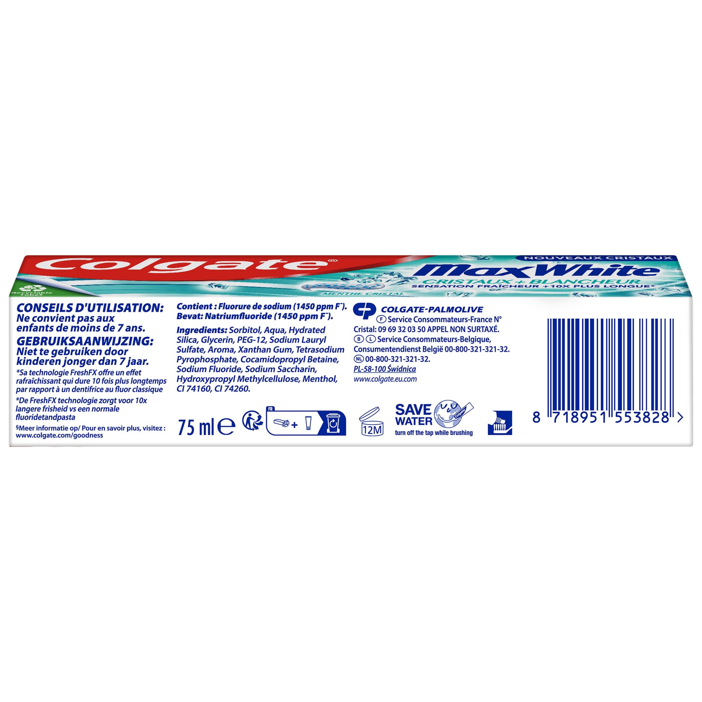 COLGATE - Dentifricio Colgate Max White Cristalli Bianchezza - Tubo Riciclabile - Confezione da 12 Tubi di Dentifricio da 75 ml