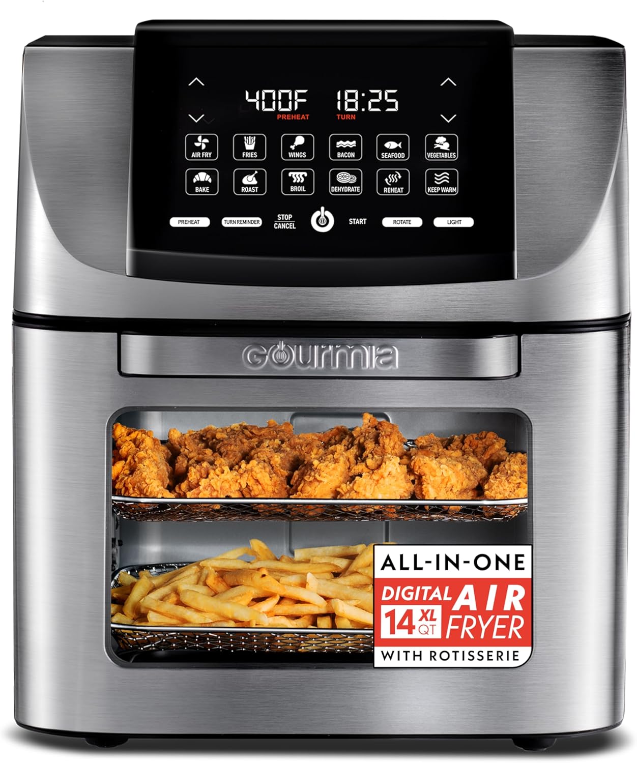 Gourmia Air Fryer - 14 Qt All-in-One Rotisserie Oven with Digital Display, 12 Presets, Roast, Bake, Broil, Dehydrate, Dishwasher Safe Accessories, Stainless Steel