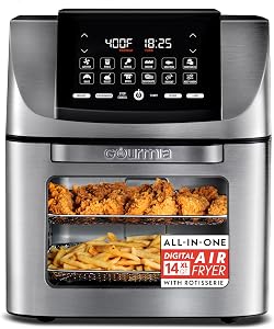 Friteuse à air Gourmia - four rotatif tout-en-un de 14 Qt avec affichage numérique, 12 presets, rôtir, cuire, griller, déshydrater, accessoires lavables au lave-vaisselle, acier inoxydable