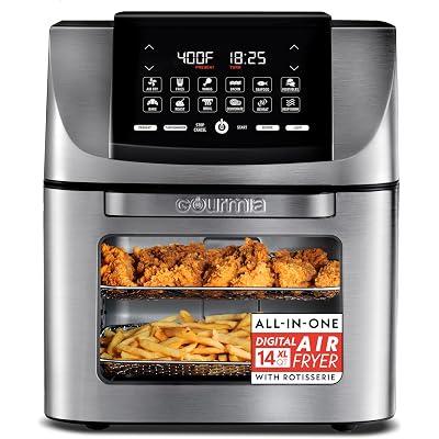 Gourmia Air Fryer - 14 Qt All-in-One Rotisserie Oven with Digital Display, 12 Presets, Roast, Bake, Broil, Dehydrate, Dishwasher Safe Accessories, Stainless Steel