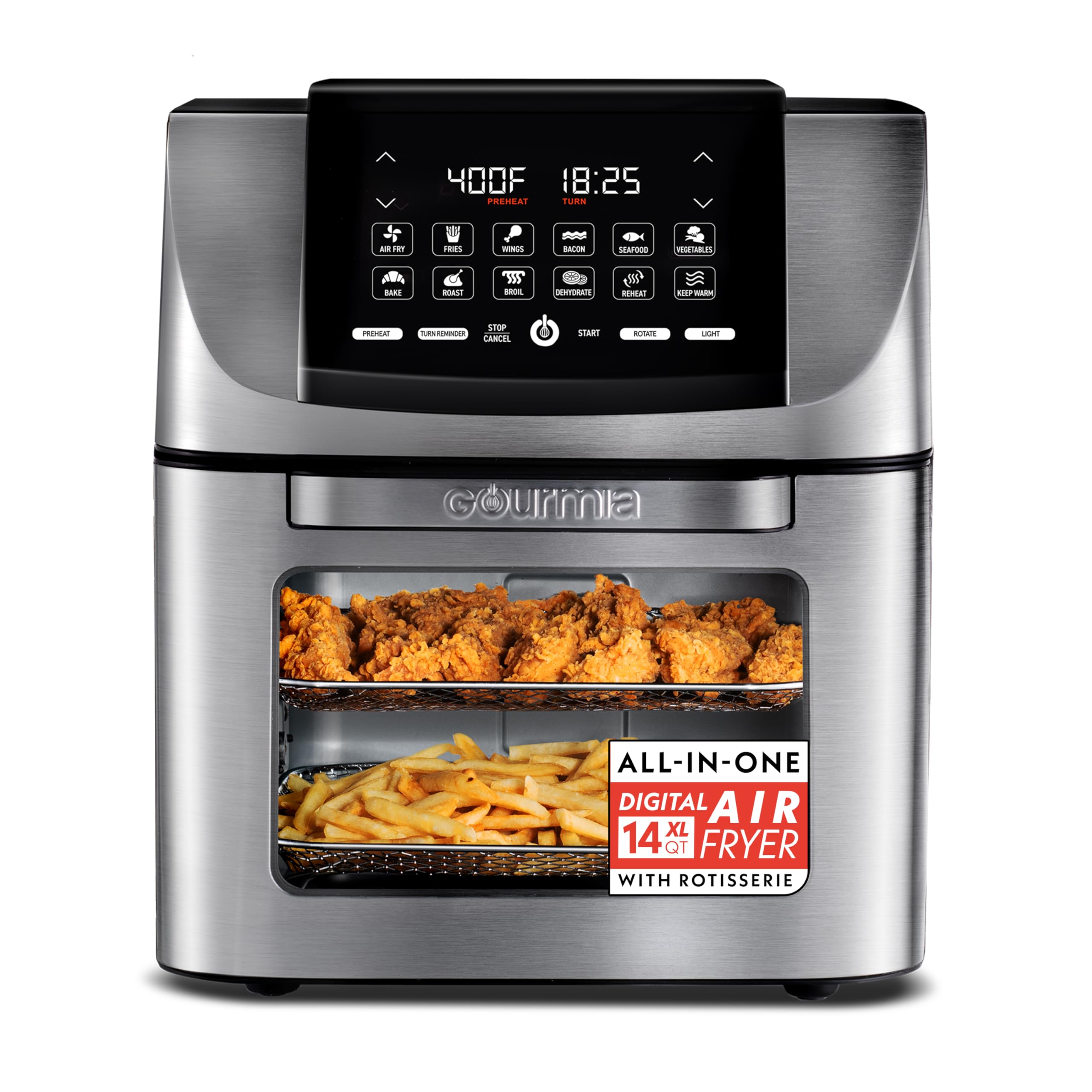 Gourmia Air Fryer - 14 Qt All-in-One Rotisserie Oven with Digital Display, 12 Presets, Roast, Bake, Broil, Dehydrate, Dishwasher Safe Accessories, Stainless Steel