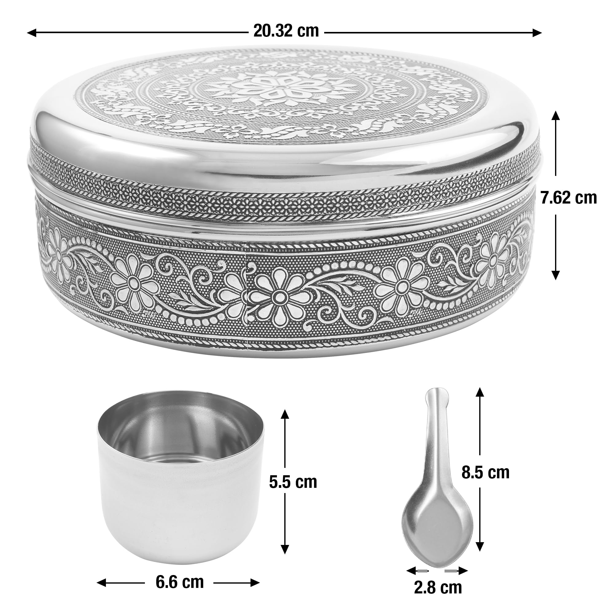 KSJONE Masala Dabba di Design – Contenitore per Spezie Indiane in Acciaio Inossidabile da 8 Pollici con 7 Scomparti Interni e Cucchiaini, Organizer Lucido a Specchio con Coperchio