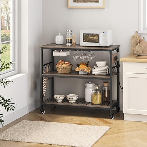 Miniatura 9 de Yaheetech Carrito de isla de cocina con toma de corriente, carritos de cocina con ruedas con almacenamiento, soporte de microondas de 3 niveles con