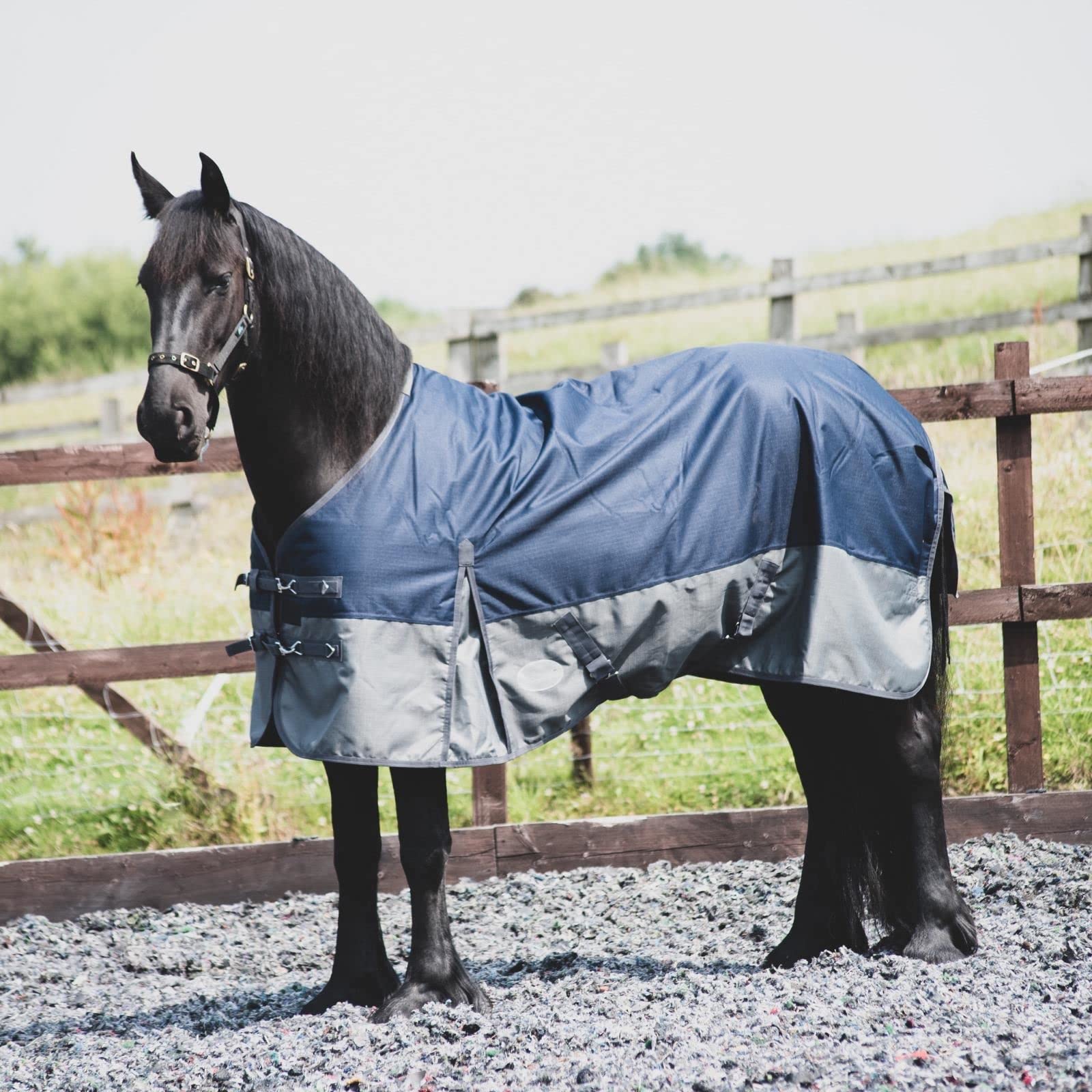 Equitack 1200D Winterdecke Pferdedecke, 145cm | 100g Regular Regendecke Pferd mit Fleece | wasserdichte Outdoordecke Pferd | Navy/Grau