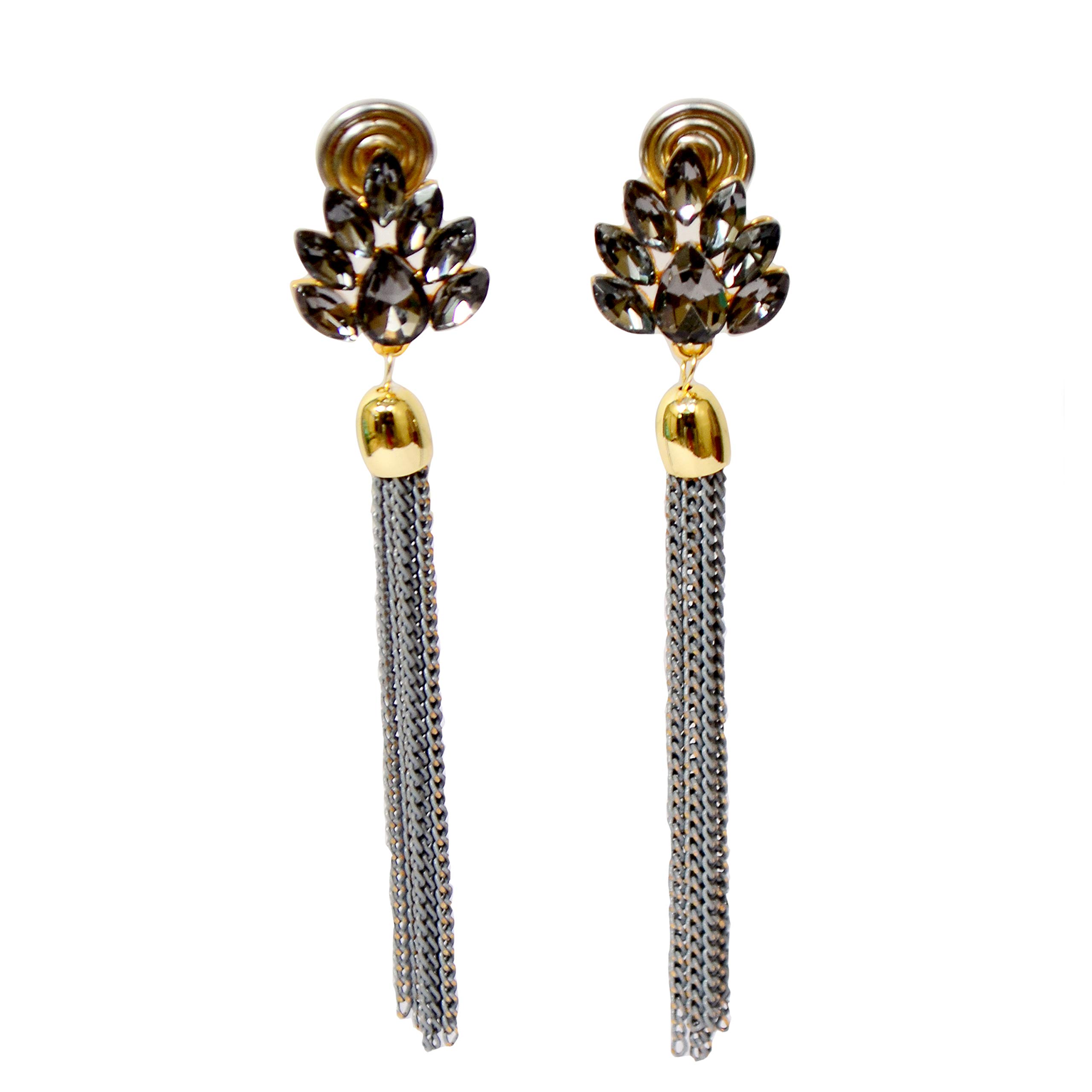 Noorah Collection Stylish Black Crystal Gold Plated Lotus Bead Tassel Drop Earrings for Women & Girls