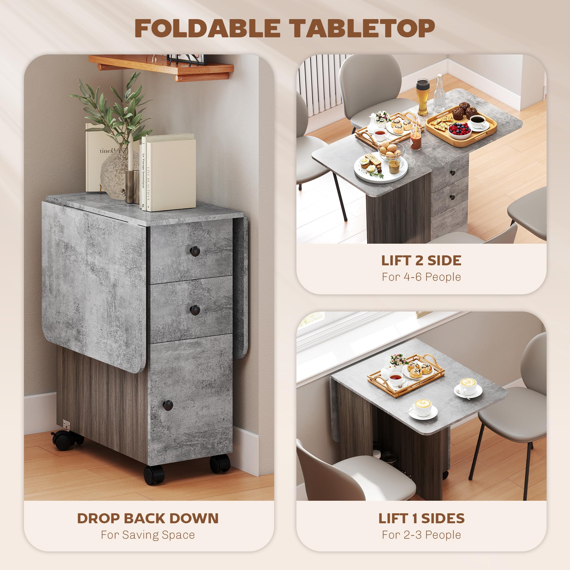 HOMCOM 60-120 cm Folding Dining Table for 4-6, Rolling Drop Leaf Table on Wheels with Storage Drawers, Cabinet and Open Shelf for Small Spaces, Kitchen, Dining Room, Flat, Grey Marble Effect — view 5