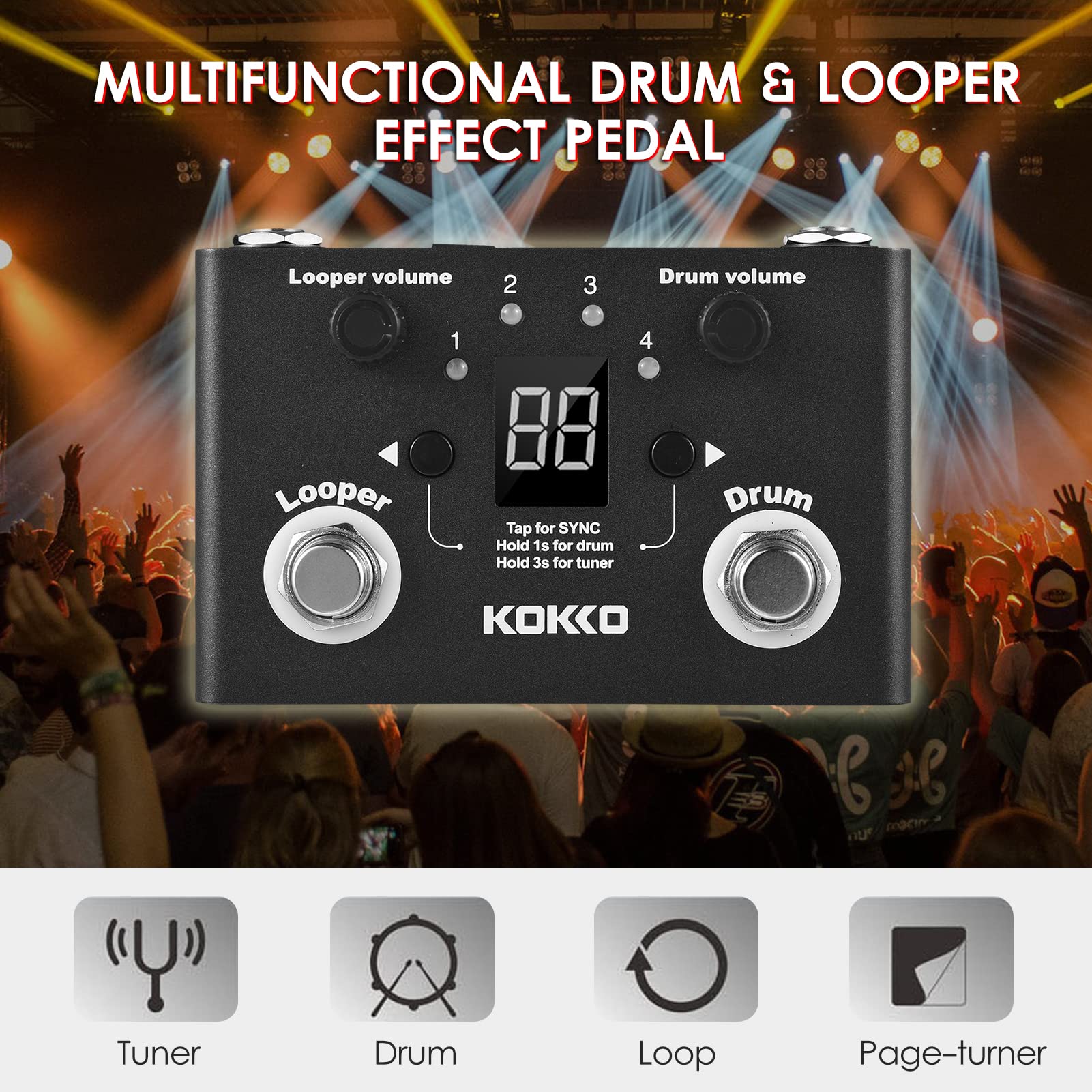 Multifonctionnel Drum & Looper Effet Pedal Tuner BT Page-Turner Phrase Loop Recording Drum Machine Effect Compact Pedal Instrument de musique portable Pédale d'effet Tuner numérique,Pédale d