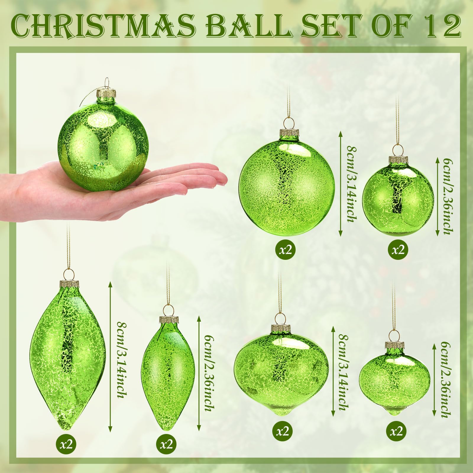 Soulchen Lot de 12 boules de Noël en verre mercure à paillettes vert clair - Décorations de sapin de Noël à suspendre pour arbres, fêtes, mariages