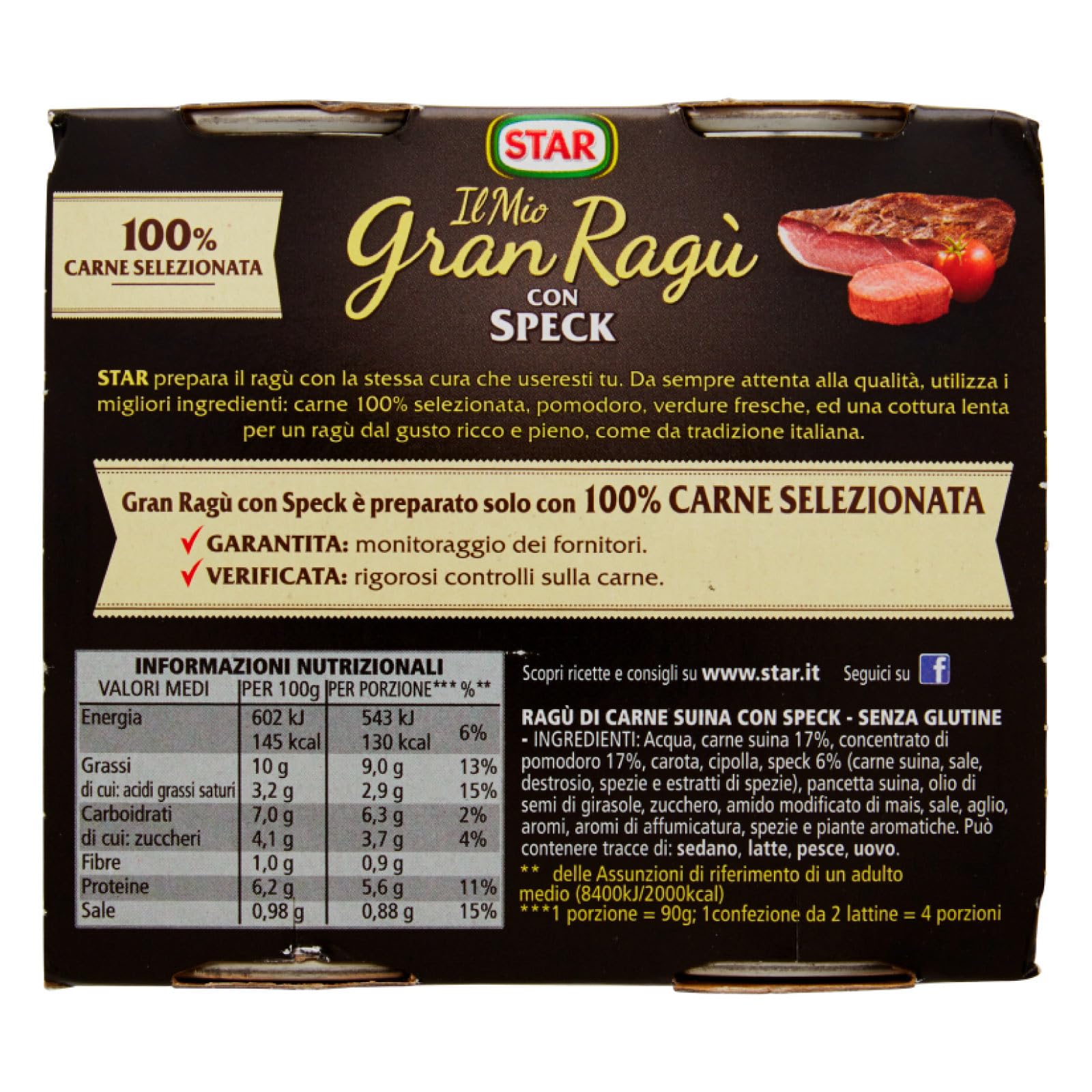 Star Il Mio Gran Ragù Star Il Mio Gran Ragù Mix Sughi Pronti Classico Extra Gusto Salsiccia Speck con Pomodoro Conserve Senza Glutine - 16 Lattine da 180g
