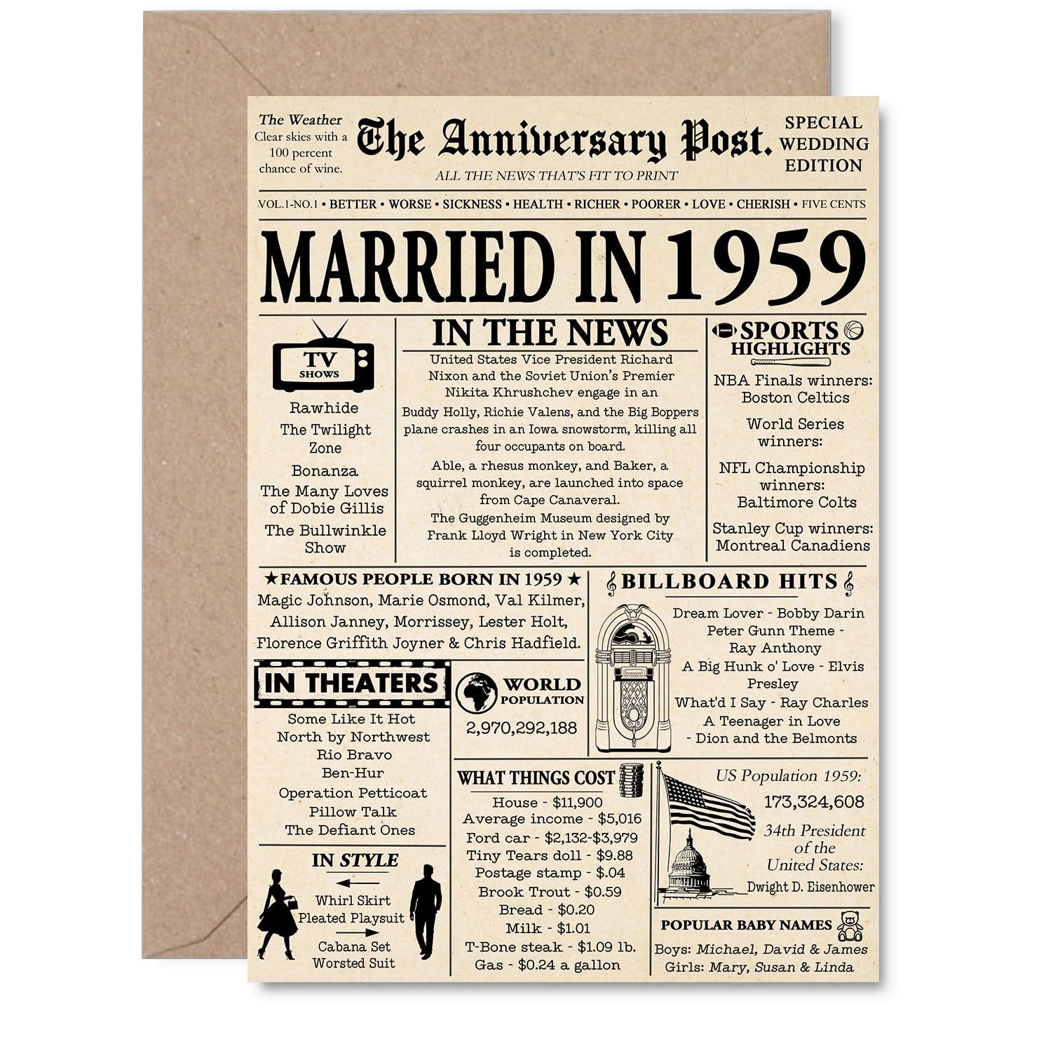 66th Anniversary Card for Men Women - Newspaper Married in 1959 - Happy 66 Year Wedding Anniversary Card for Companion Partner Husband Wife, A5 Anniversaries Greeting Cards