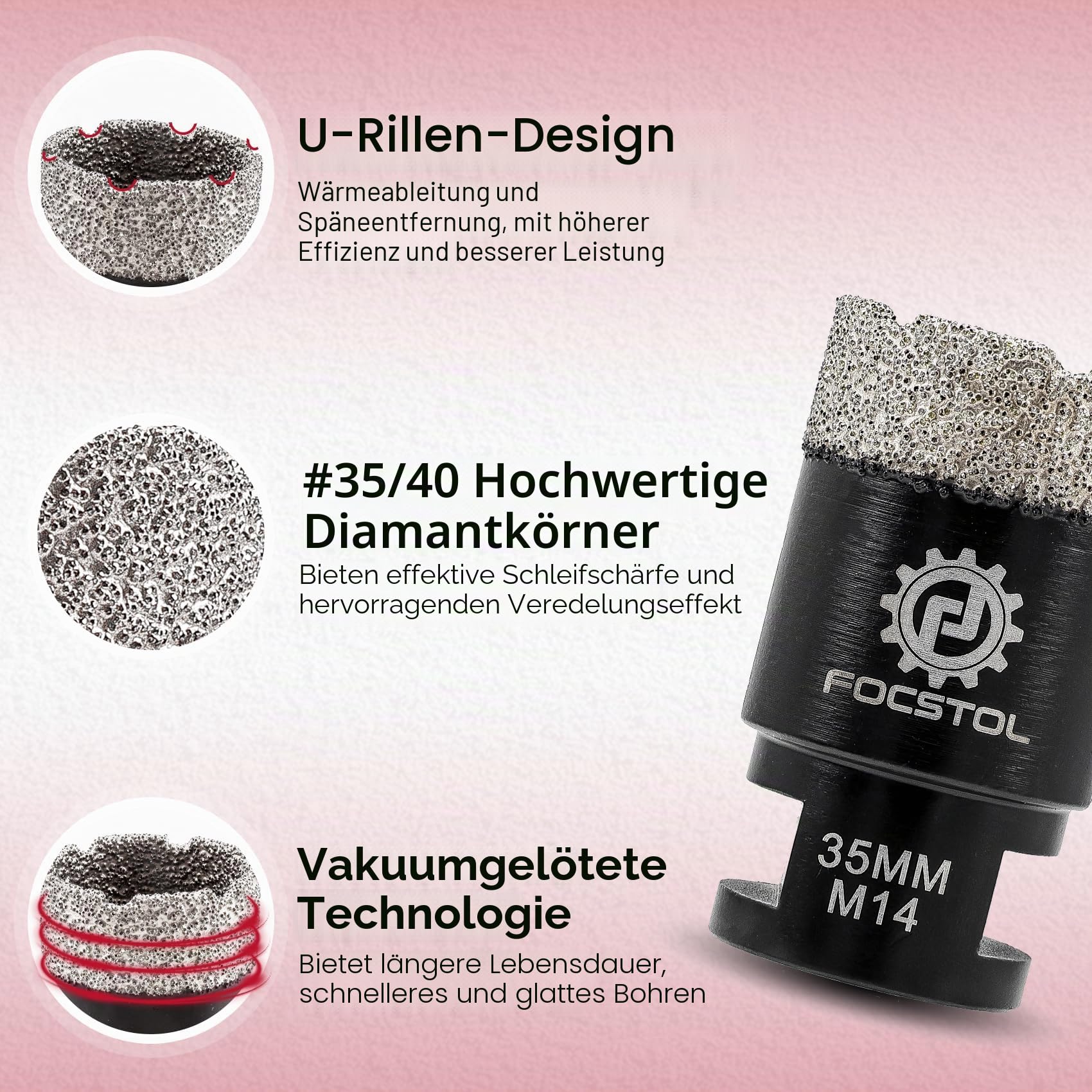 FOCSTOL Diamant Fliesenbohrer Set - 4 Stück (20/35/50/68mm) Fliesen Bohrkronen Set für Fliesen Porzellan Keramik Marmor