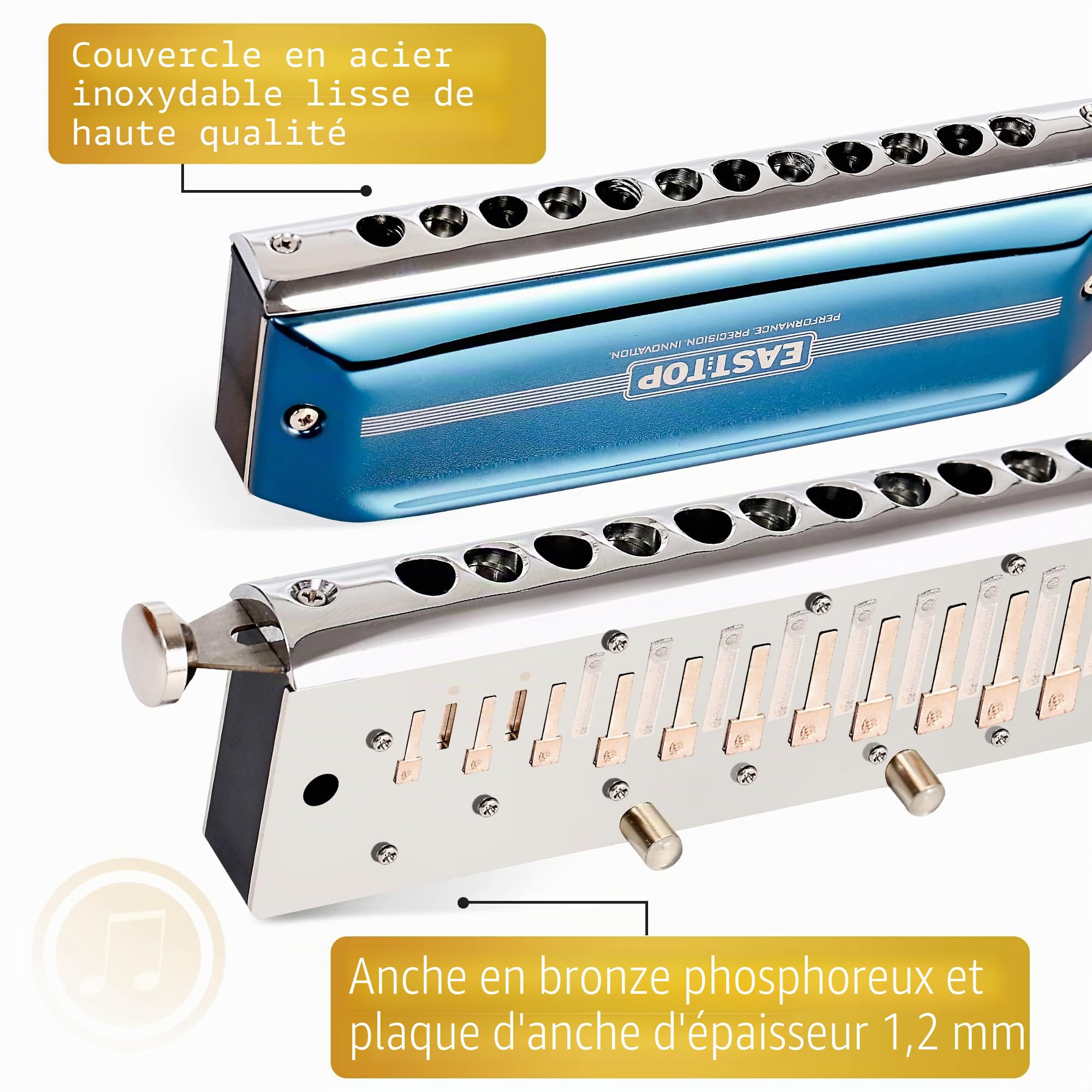 Clé d'harmonica chromatique East Top Upgrade de C, Harmonica professionnelle 12 trous 48 tons pour adultes, étudiants et amateurs d'harmonica avec couvercle bleu (EAP-12)