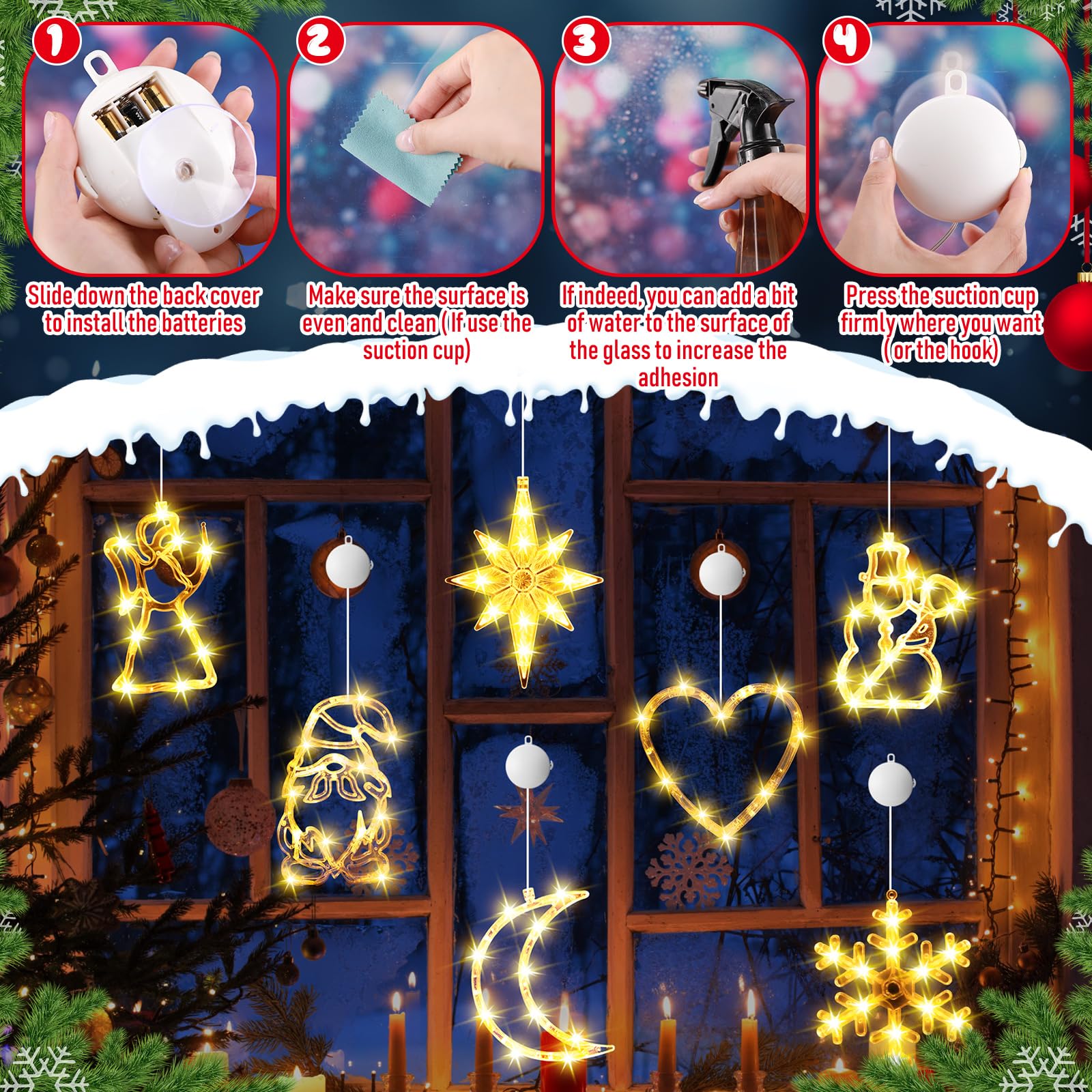Tujoe 12 Stück Weihnachts-Fensterlichter, Dekorationen, beleuchtete Fenster-Silhouetten-Lichter mit Timer, Saugnapf, batteriebetrieben für Weihnachten, Neujahr, Zuhause, Wand, Kamin, Party-Dekoration