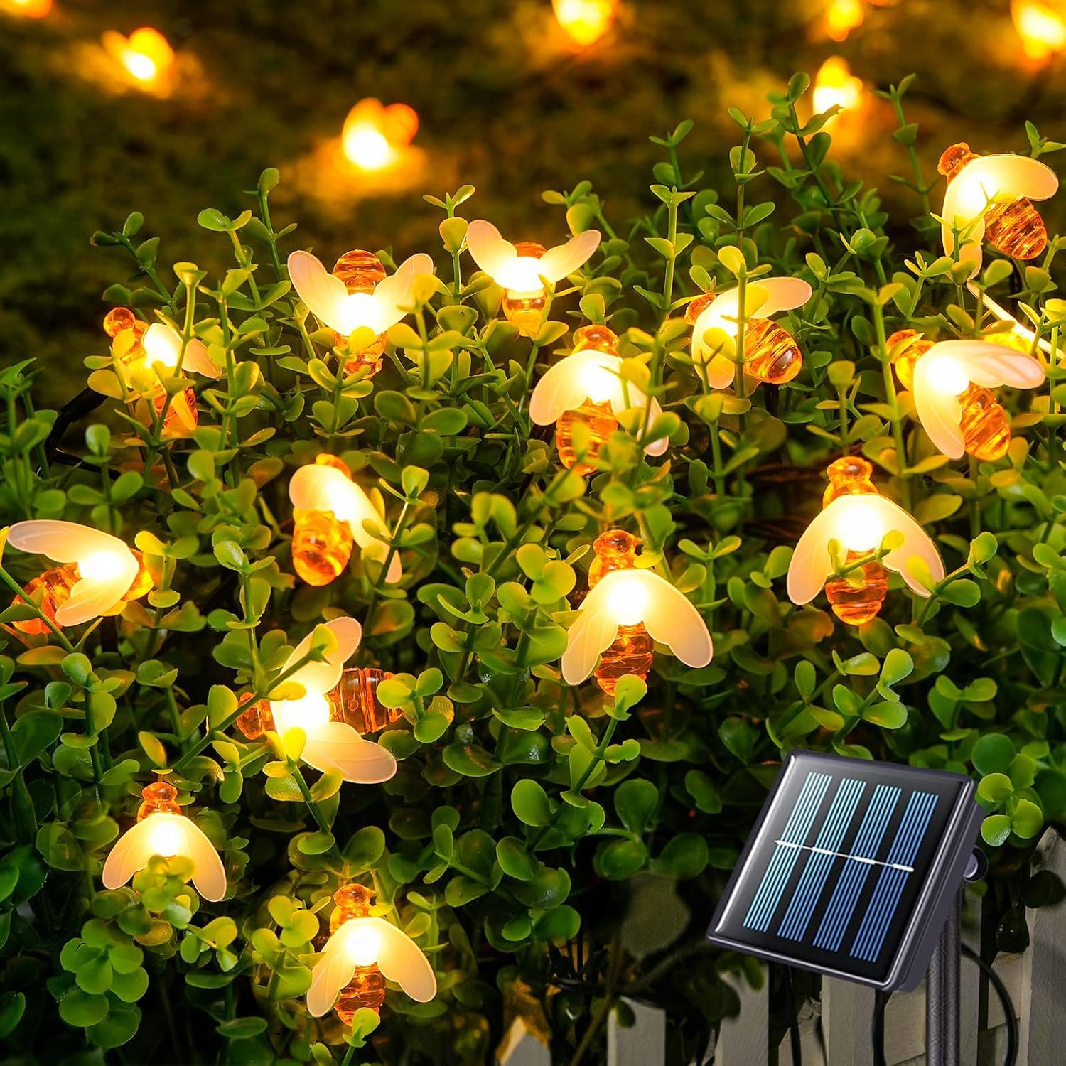 Solar String Lights Garden, 7M 8 Modes 50 LED Honey Bee Fairy Lights Solar Powered Waterproof Outdoor Fairy Lights Solar Garden Lights for Fence, Lawn, Patio, Festoon, Christmas, Holiday - Warm White