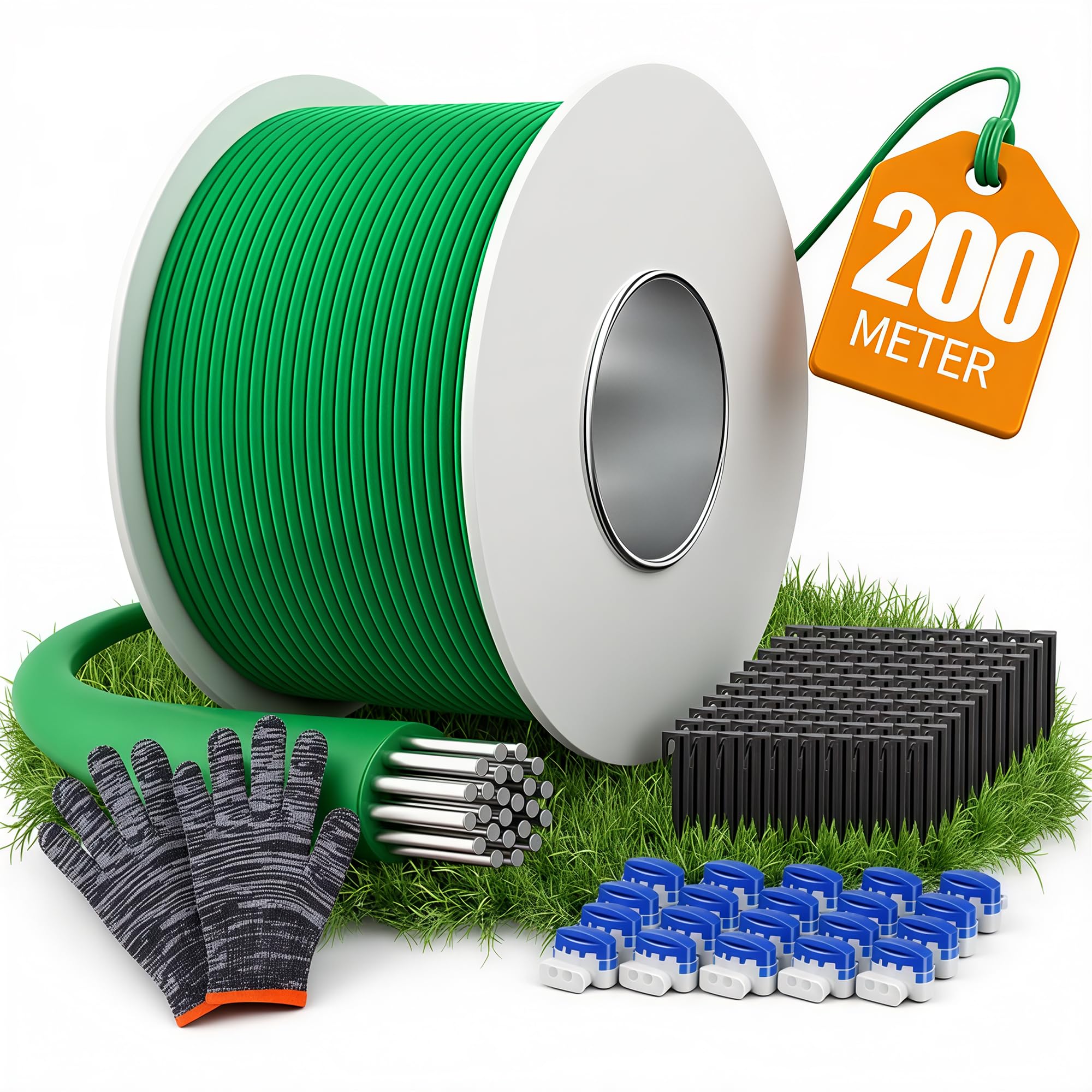 200M Kit di Cavo Perimetrale Robot Tagliaerba, Filo Perimetrale | Include 100 Picchetti, 20 Connettori e Guanti, Compatibile con robot tagliaerba Gardena, Bosch, Husqvarna, Worx, Honda, ecc