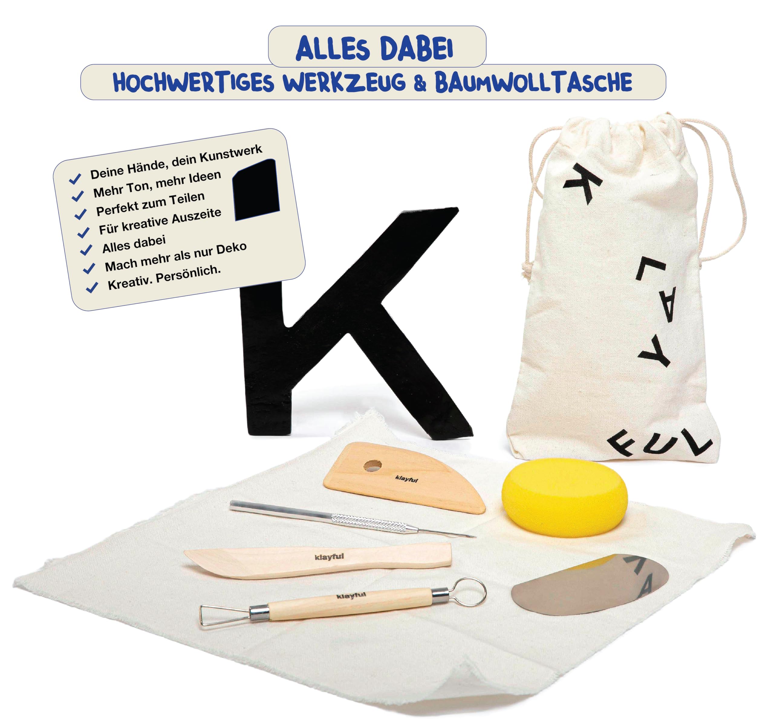 Klayful Töpferset Erwachsene | Keramik Bemalen Set | Lufttrocknender Ton | DIY Bastelset für Anfänger | Werkzeuge, Acrylfarben, Pinsel, Anleitung (Pastellfarben)