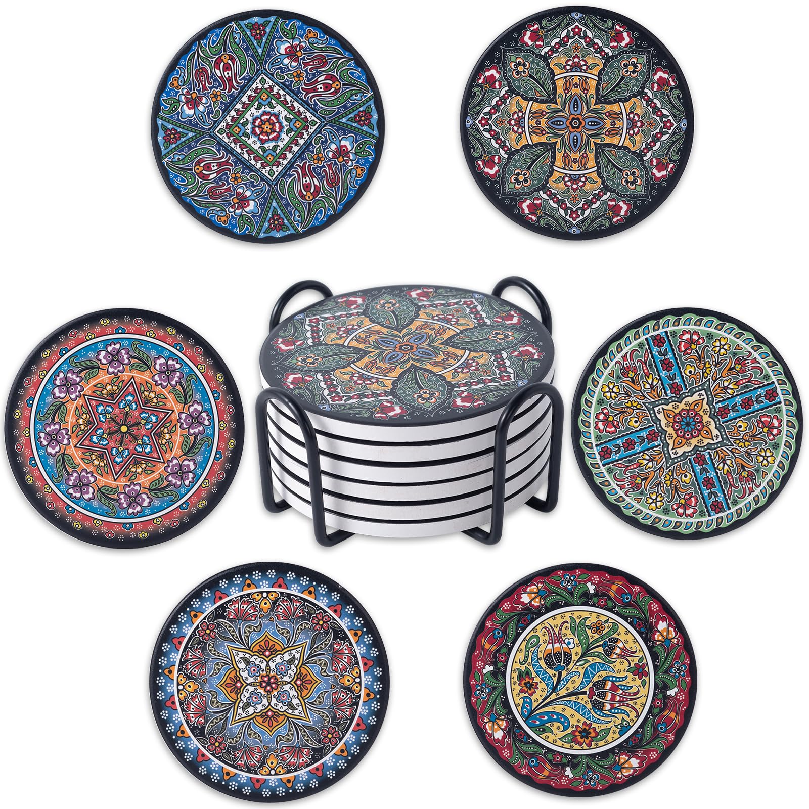 STARUBY Drink Coasters Set of 6 Ceramic Coaster Beautiful Absorbent Coaster Drink Mat with Cork Base 6 Turkey Patterns Round Coaster Non Slip for Coffee,Beer,Mug,Wine Glass Bottle,Home and Bar