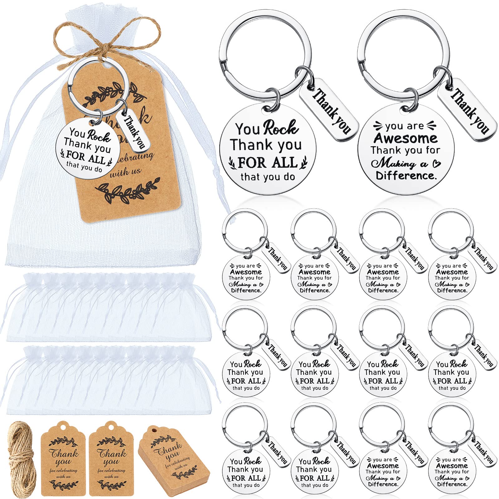 Yinkin 24 Set Employee Appreciation Gifts Bulk Thank You Keychains with Kraft Cards for Office Employee Coworker Staff