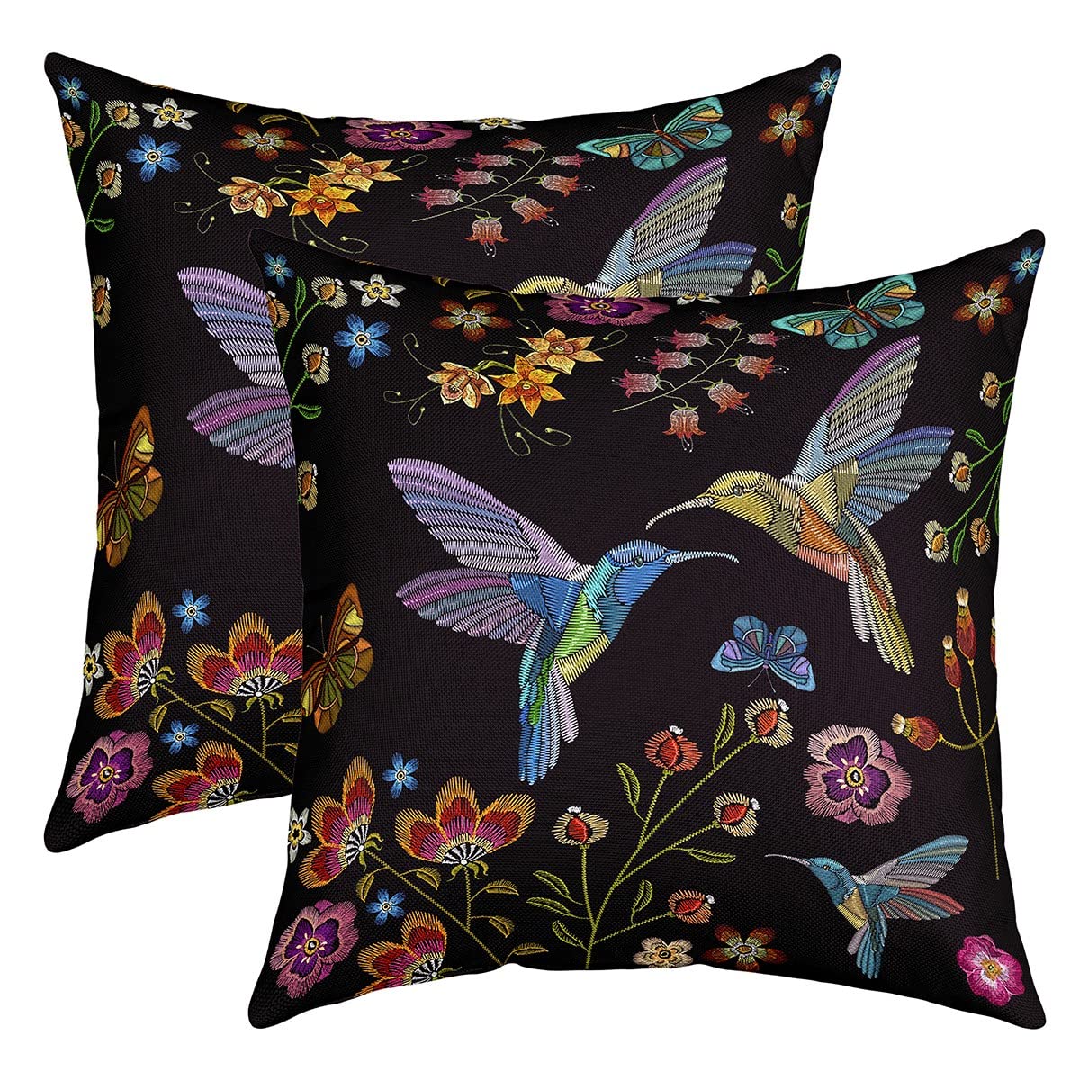 Homemissing Multicolored 1 Hummingbird Throw Pillow Cover Set Of 2 16"X16" Soft Tropical Birds Floral Pillow Cases Cushion Cover For Living Room Farmhouse Garden Decorative Throw Pillowcases For Sofa Chair