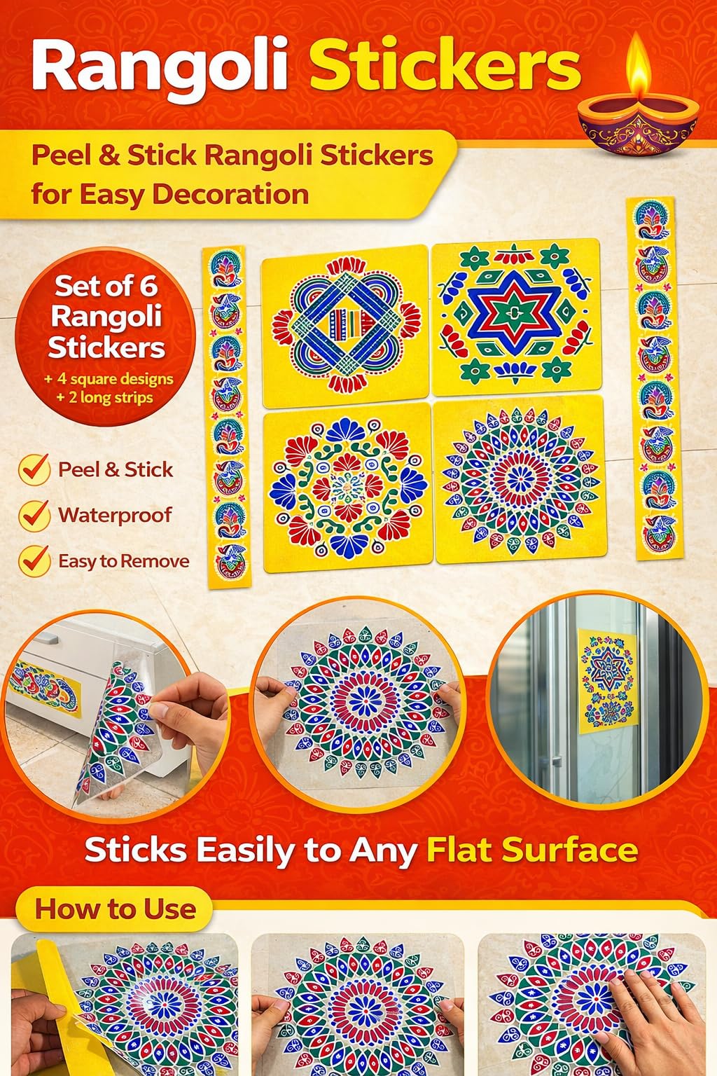 Rangoli Stickers for Diwali Decoration – Set of 6 Peel & Stick Waterproof Floor Kolam Stickers | 4 Square Rangoli + 2 Border Strips | Easy Apply Self-Adhesive Pooja Home Entrance Decor by AARUDHRA 1