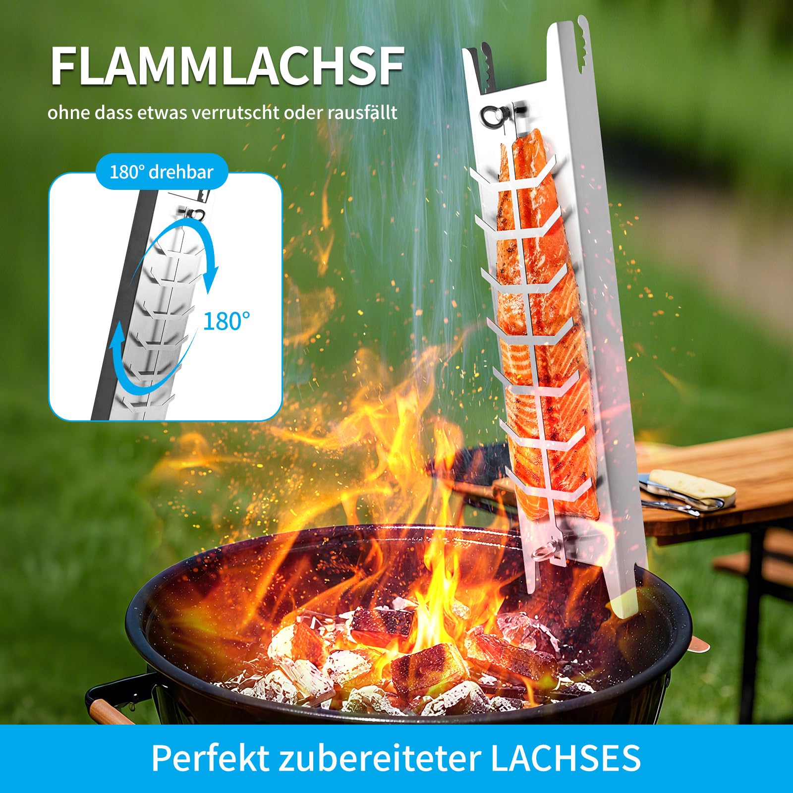 Edelstahl Flammlachshalter, 5 verstellbare Winkel & 180° drehbarer Grill, spülmaschinenfest, für Feuerschalen/Feuertonnen, als Servierplatte & Stövchen für Steak, Huhn, Forelle
