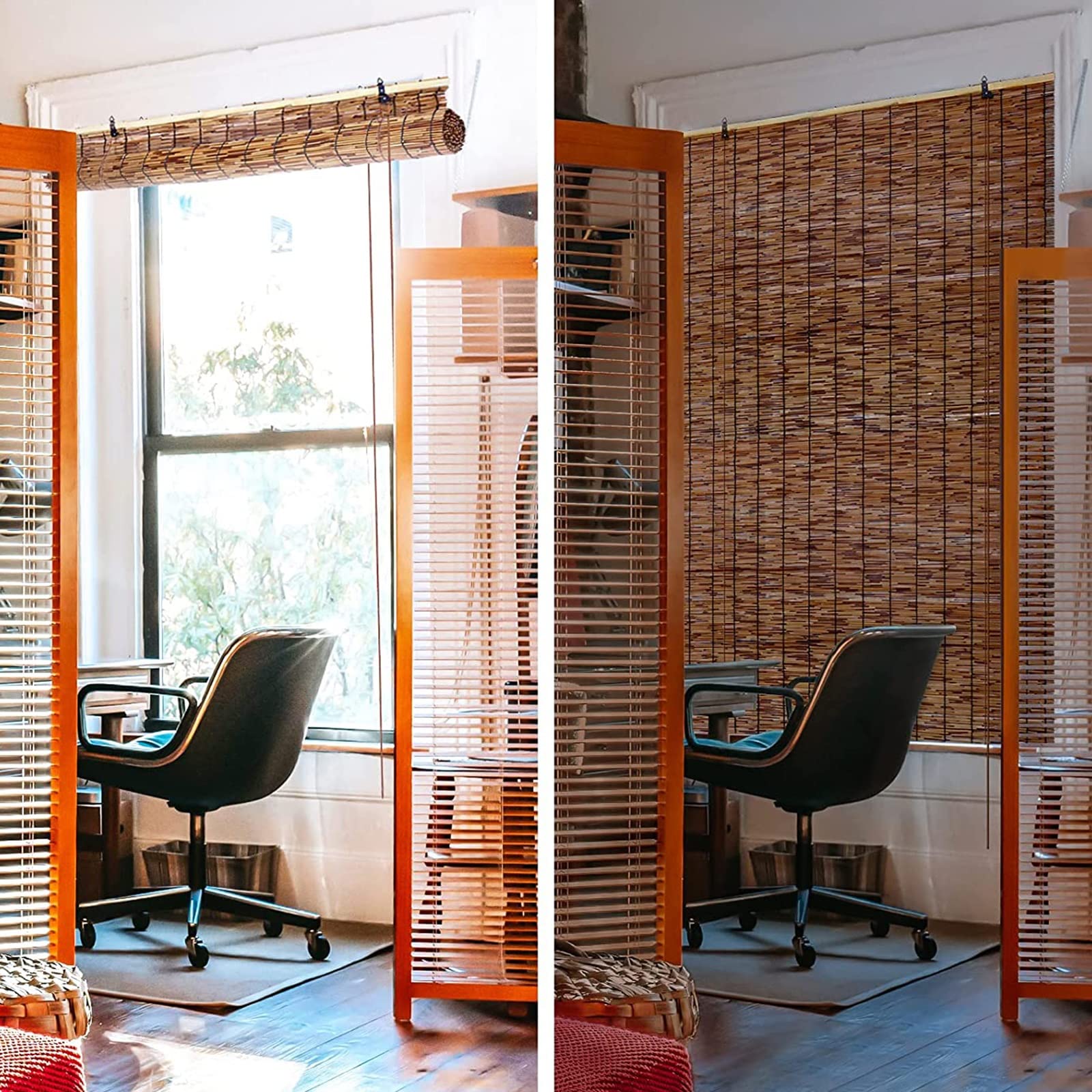 Bambusowe rolety na patio Wewnętrzny/zewnętrzny ganek Balkon Ekran prywatności Półprzezroczyste rolety Zasłony z trzciny retro z podnośnikiem, brązowe (rozmiar: szer. 130 x wys. 180 cm / 51 x 71 cal