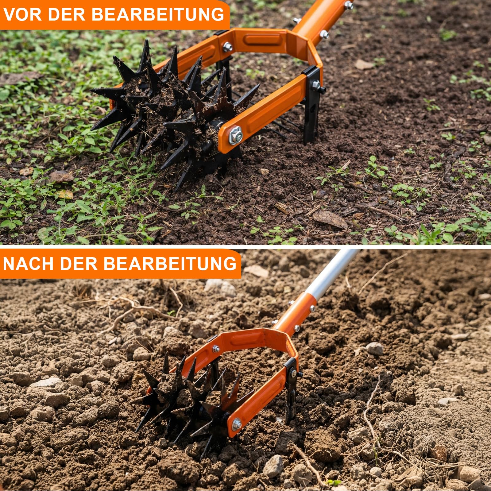 Rotationsgrubber mit verstellbarem Edelstahlstiel 2 in 1 Handkultivator mit Jätfunktion zur Bodenlockerung, Belüftung, Krümelung und Rasennachsaat