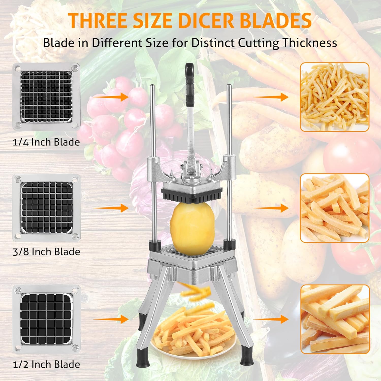 WICHEMI Commercial Vegetable Chopper Dicer with 5 Replacement Blades - Stainless Steel & Aluminium Alloy Body & Blades - Manual Food Dicer for Potatoes, Peppers, Mushrooms & More