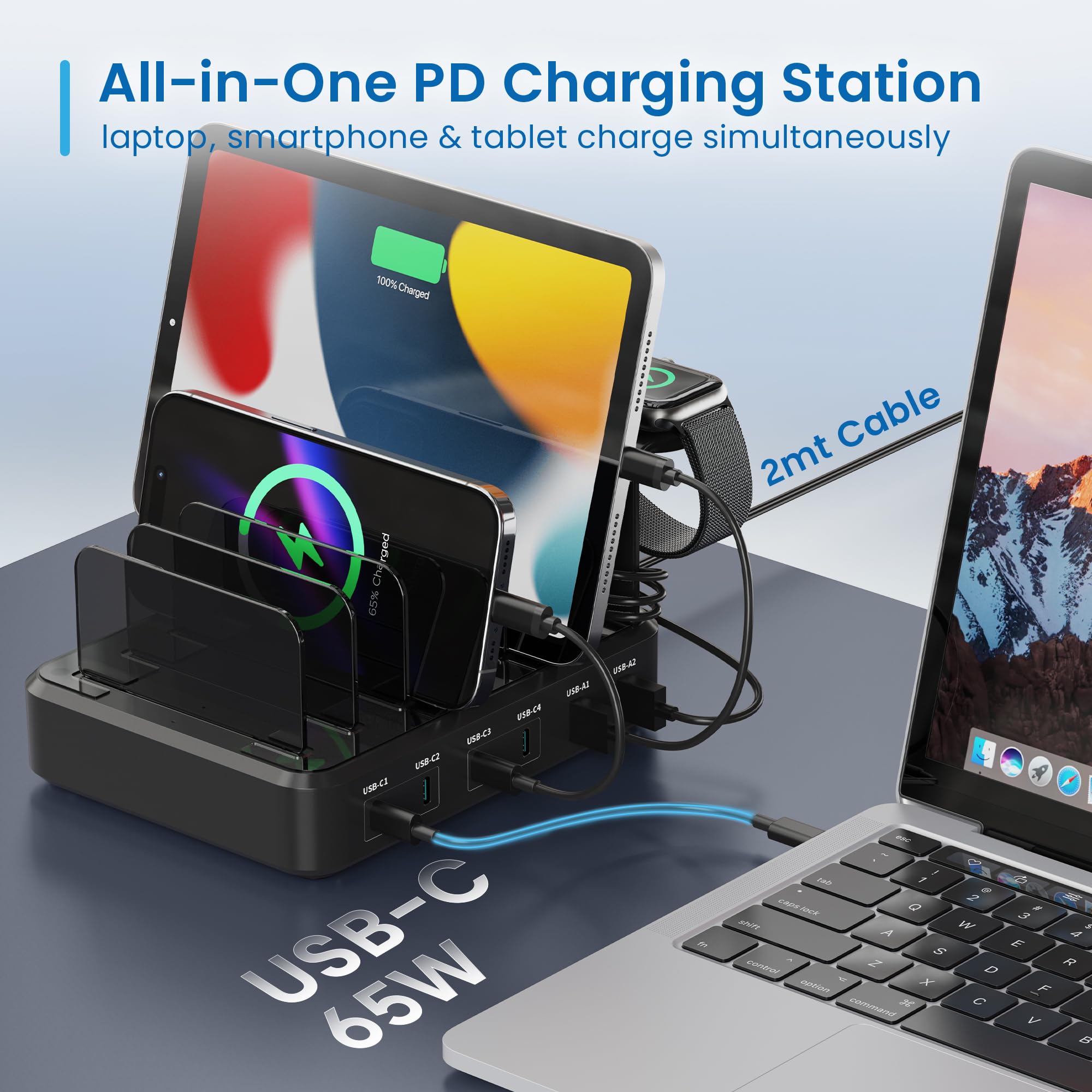 Ewent Estación de Carga Universal con 6 Puertos USB (4xUSB-C 65W + 2xUSB-A), Enchufe Europlug 130 W, con Soporte para SmartWatch y Auriculares, para Smartphone/Tablet/Portátil, Carga Rápida PD3.0/QC3.