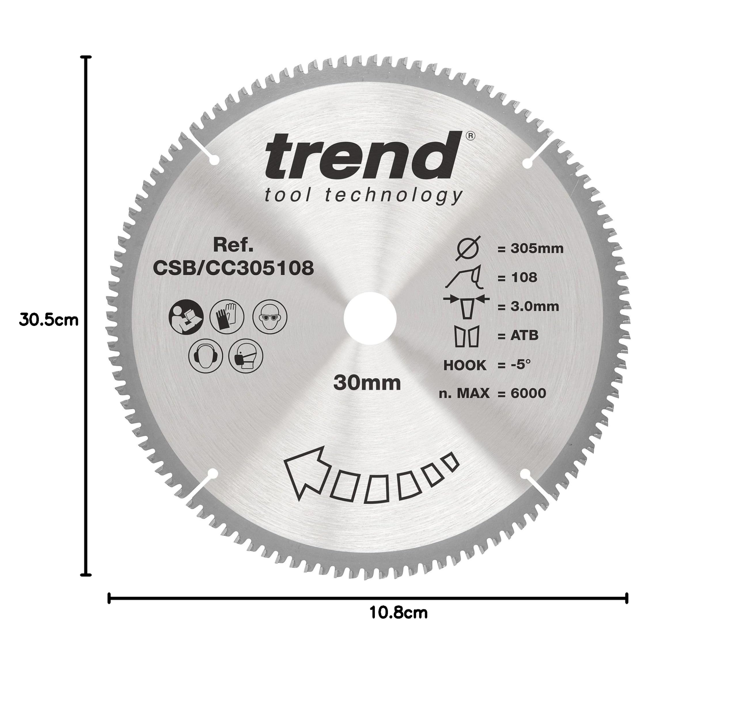 Trend Lama per Troncatrice, Diametro 305 mm, Foro 30 mm, 108 Denti, Taglio 3 mm, Angolo -5°, Metallo Duro (TCT), Finitura Extra-Fine, CSB/CC305108