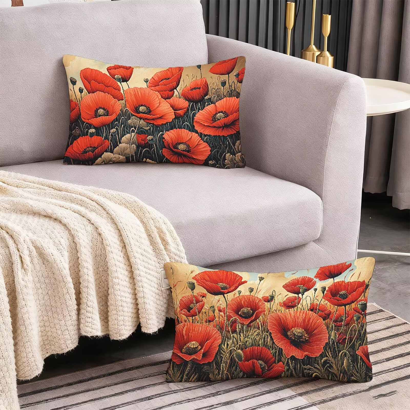Poppy Poszewki na poduszki 70 x 90 cm, lniane, czerwone, wodoodporne, miękkie, wygodne, na zewnątrz, dekoracyjne poszewki na poduszki na sofę, łóżko, samochód, zestaw 2 poszewek na poduszki, idealna