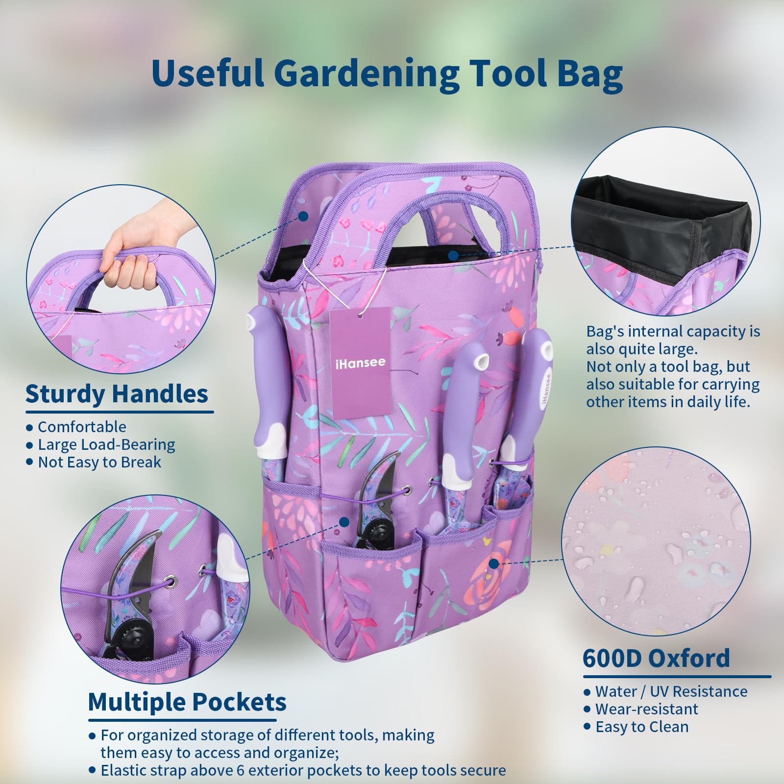 Juego de herramientas de jardín púrpura de 10 piezas, herramientas de mano de jardinería resistentes con mango ergonómico antideslizante, bolsa de herramientas de jardín con estampado de