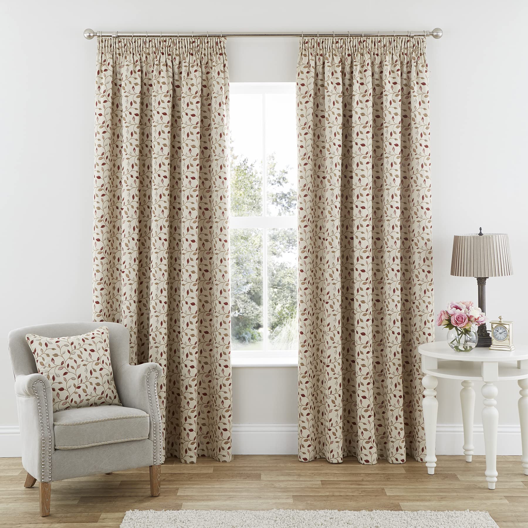 always4u Floral Jacquard Lined Pencil Pleat Curtains for Living Room/Bedroom/Kitchen Room Darkening Red Leaf Window Decoration Drapes 1 Pair 90x90 Inches