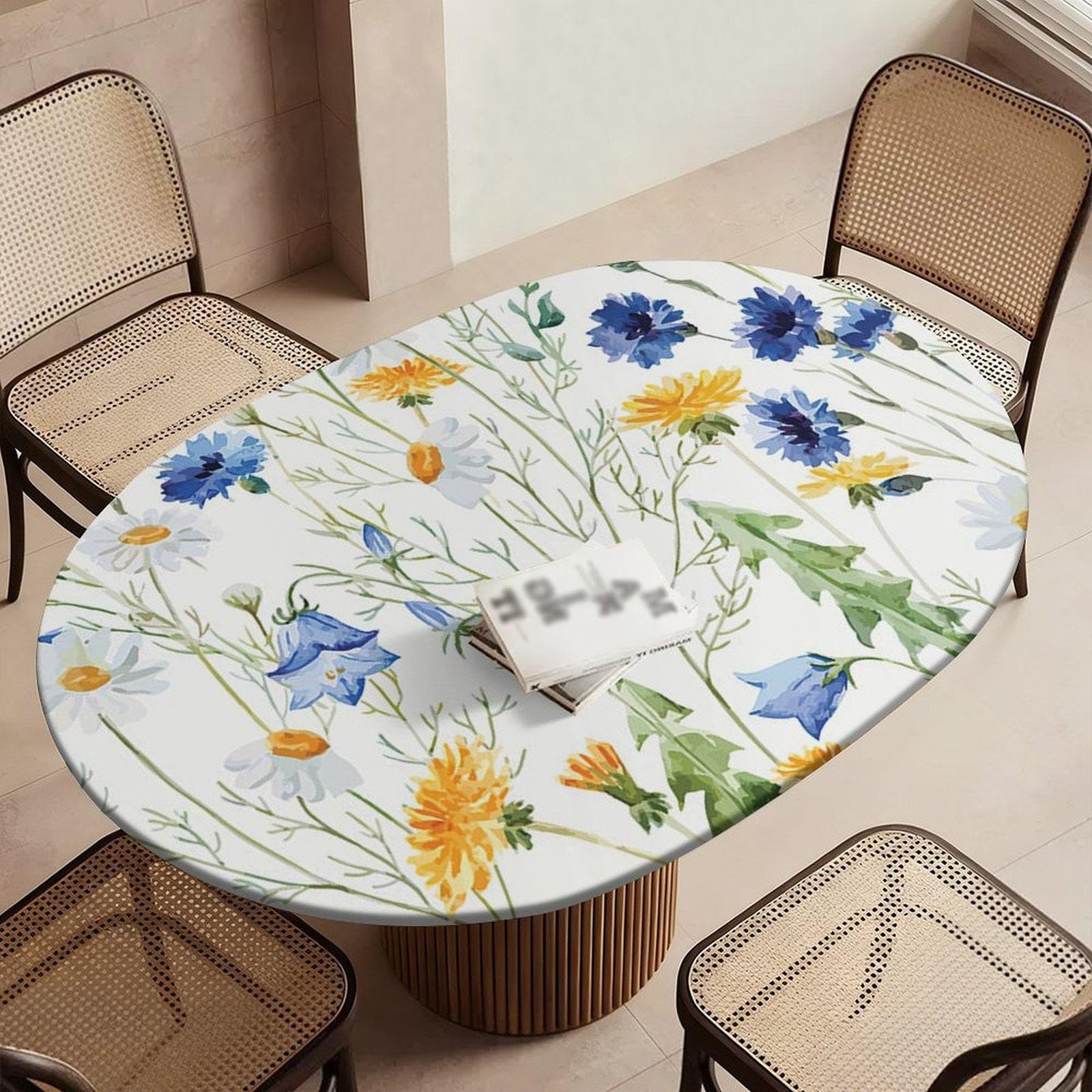 Highdi Waterproof Oval Tablecloth Cover - Oxford Cloth - Elastic Fitted for Kitchen/Garden Oval Tables, Stain-Resistant Wipe-Clean Floral Printed Table Cover (Chrysanthemum,132x182cm)