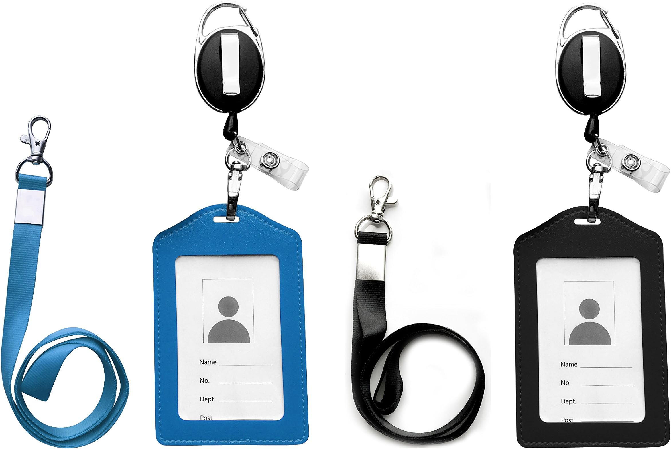 ID Card Case + Heavy Duty Lanyard (Black + Blue)+ Badge Holder Retractable Reel Carabiner and Plastic Clip