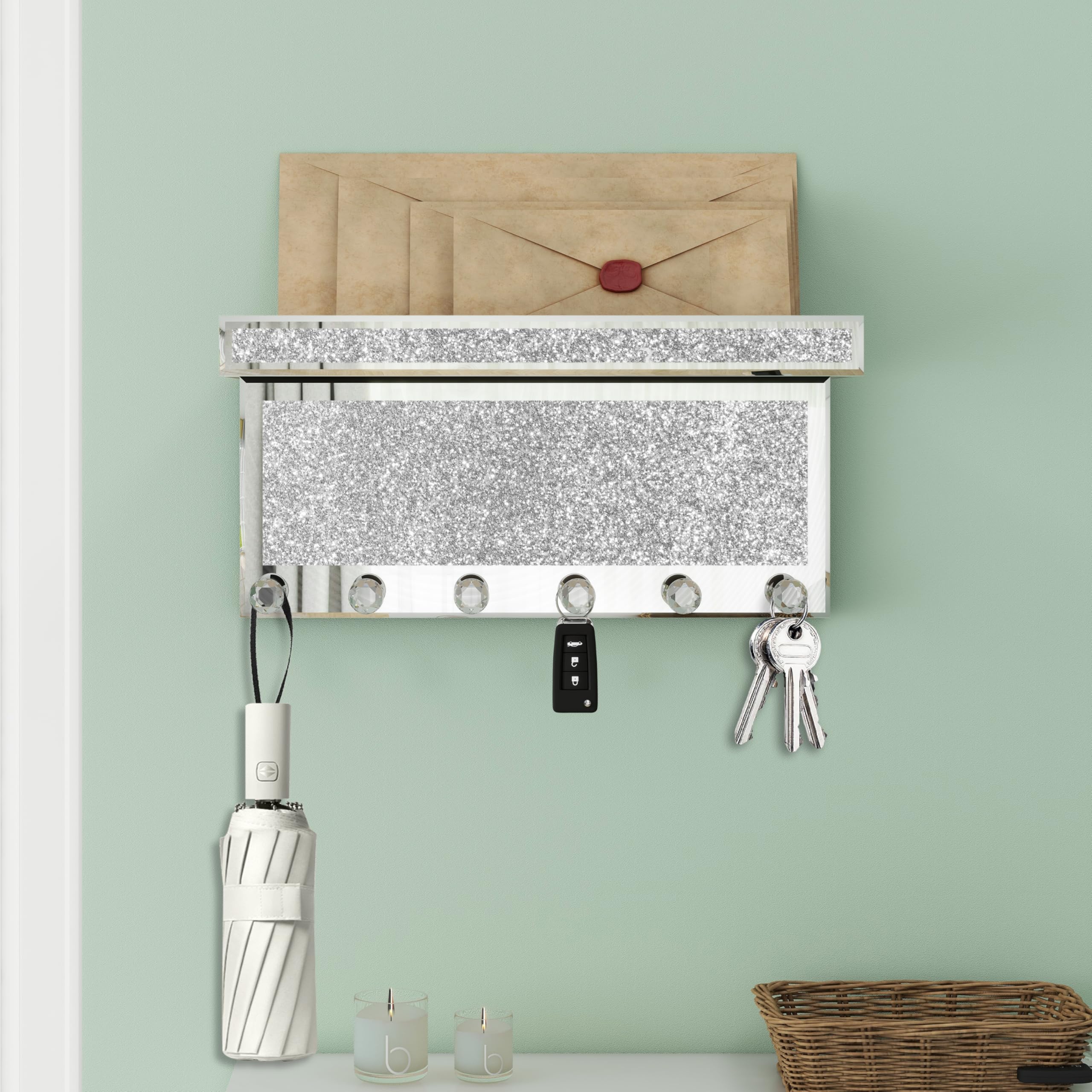 SHYFOY Portachiavi da parete a specchio, luccicante portachiavi decorativo e porta posta, scaffale da parete con 6 ganci in cristallo, per ingresso, porta d'ingresso, cucina, corridoio, garage