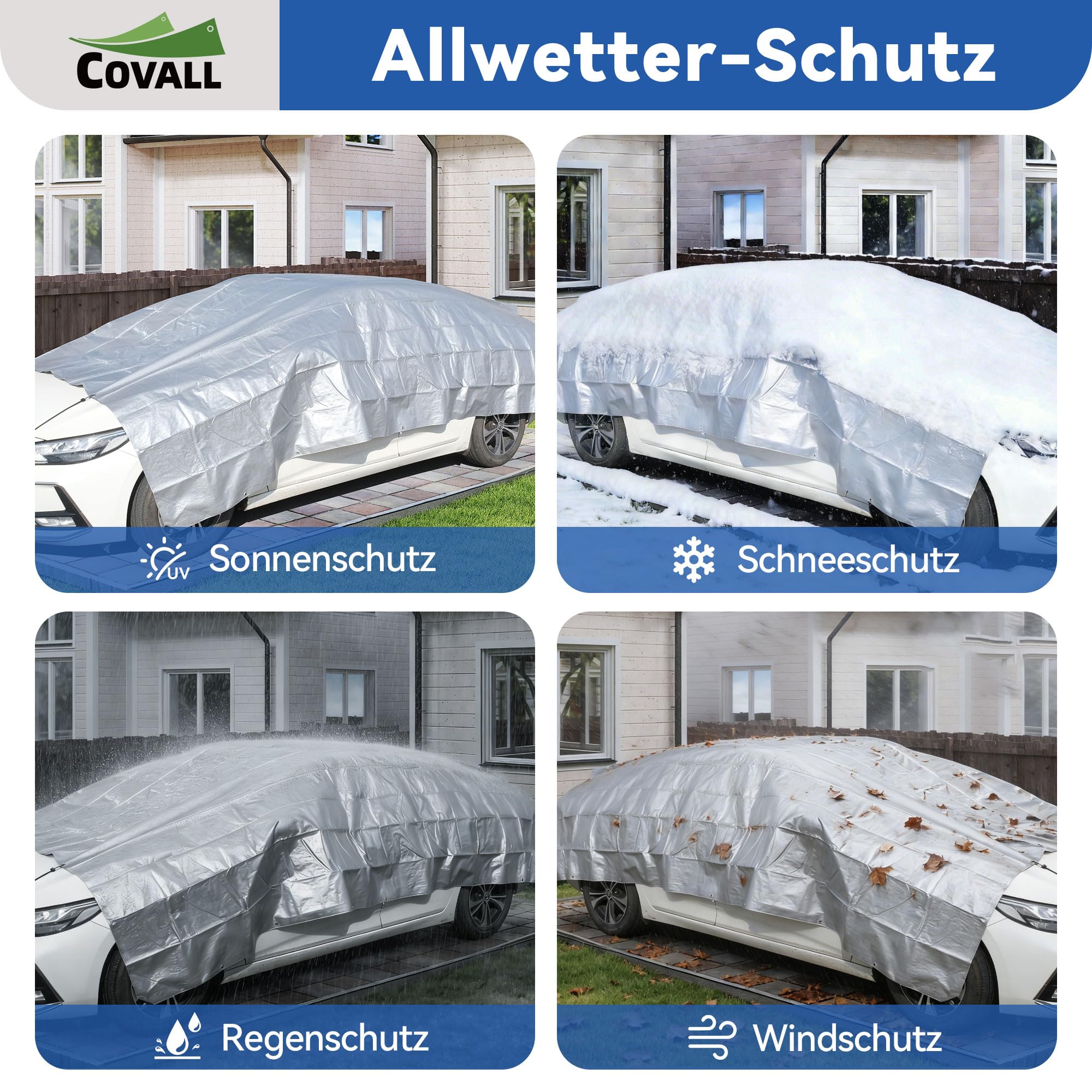 Plane 1,5 x 6 m –75g/m² wasserdichte Plane Aus PE, Silber/Blau Doppelseitig, UV- & Reißfest, Mit Verstärkten Ösen – Ideal Als Unterlage, Campingplane, Wetterschutz Für Garten, Auto & Holz