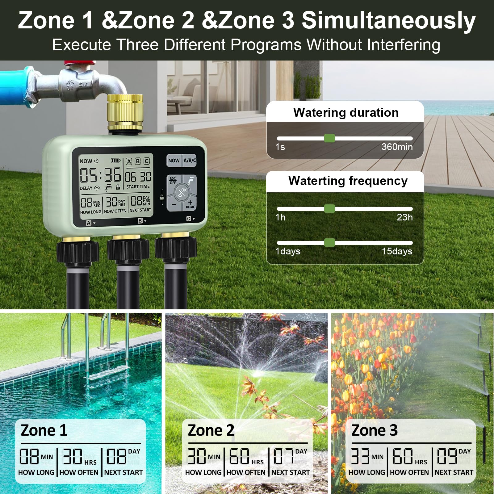 Johgee Centralina di irrigazione a 3 uscite, con ingresso e uscita in ottone, orologio digitale per irrigazione con display LCD, controllo automatico/manuale, timer, per giardino