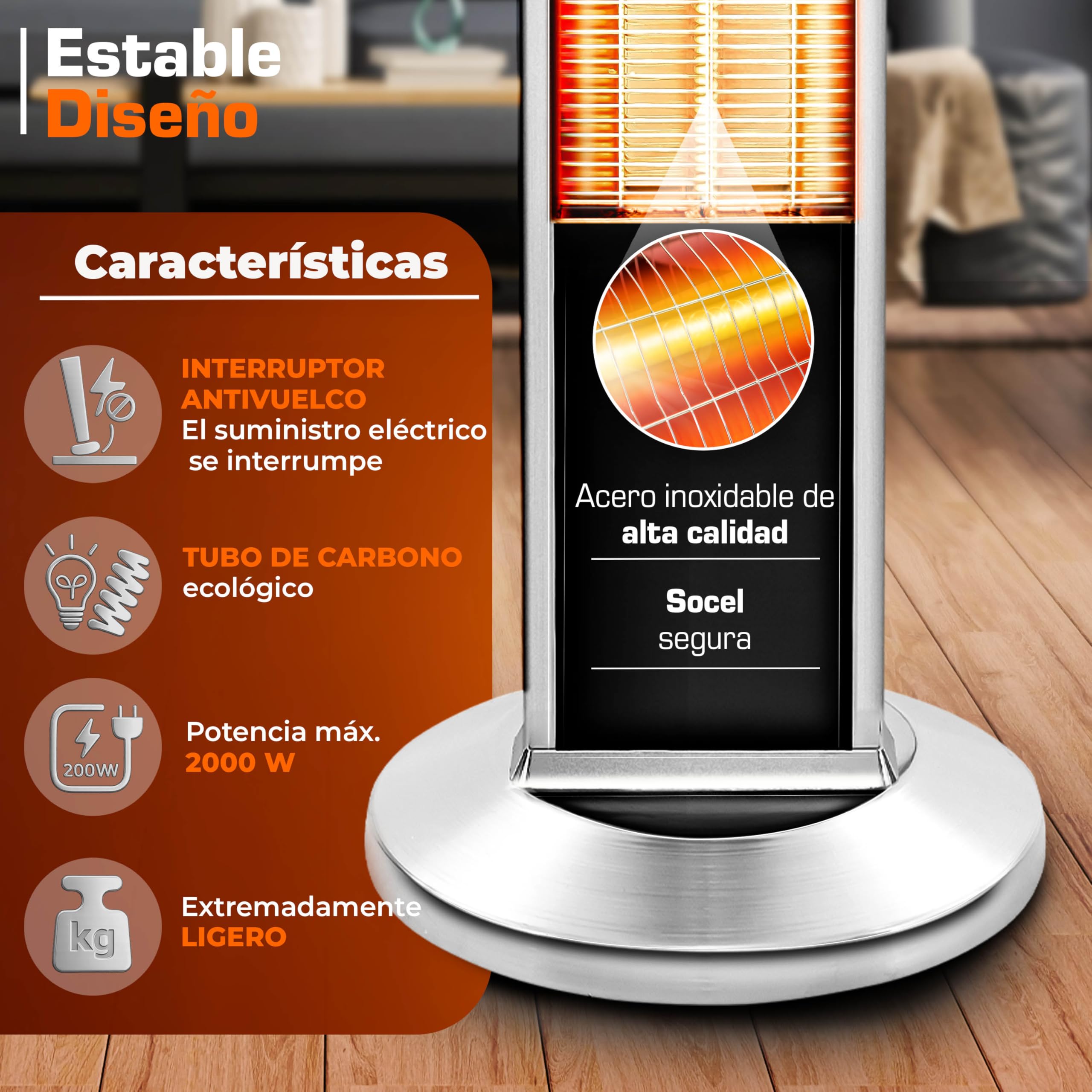 TRESKO Calefactor por Infrarrojos para Terraza | 2000W + Control Remoto | Estufa Radiante con 3 Temperaturas | Radiador Eléctrico para Exterior e Interior | Calentador con Pantalla LED