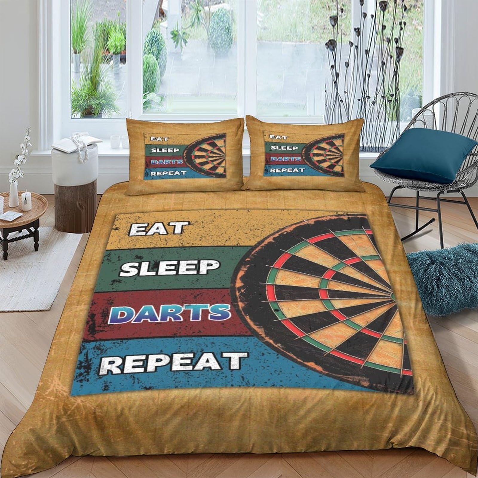TUFRTGYHN 3D Printed Dart Board Duvet Cover Microfiber Soft Breathable Eat Sleep Darts Repeat Bedding Set with 2 Pillowcases for Bedroom Decor Single（135x200cm）
