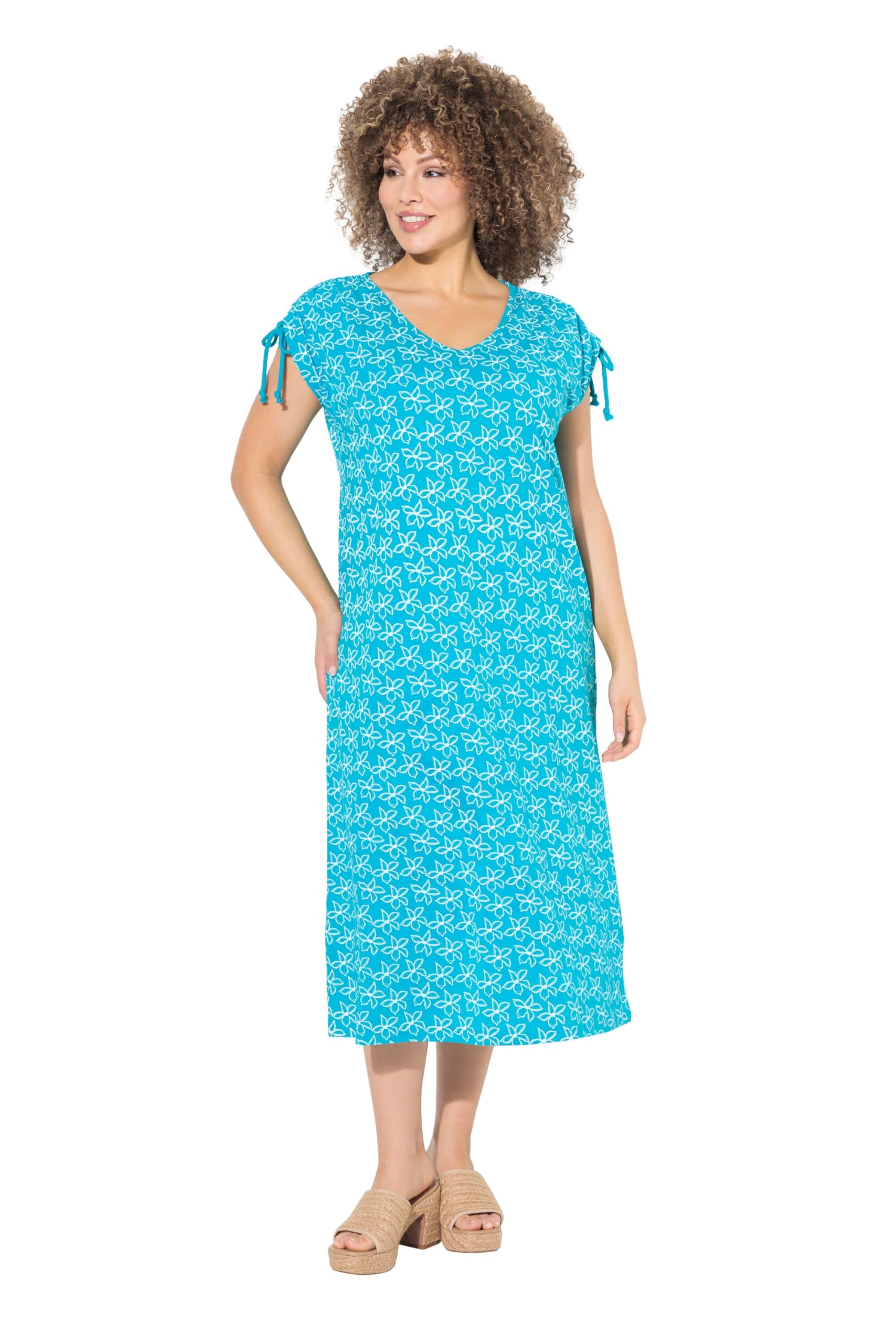 Ulla Popken Damen große Größen Übergrößen Plus Size Midikleid, Blüten, A-Linie, V-Ausschnitt, ärmellos 840041