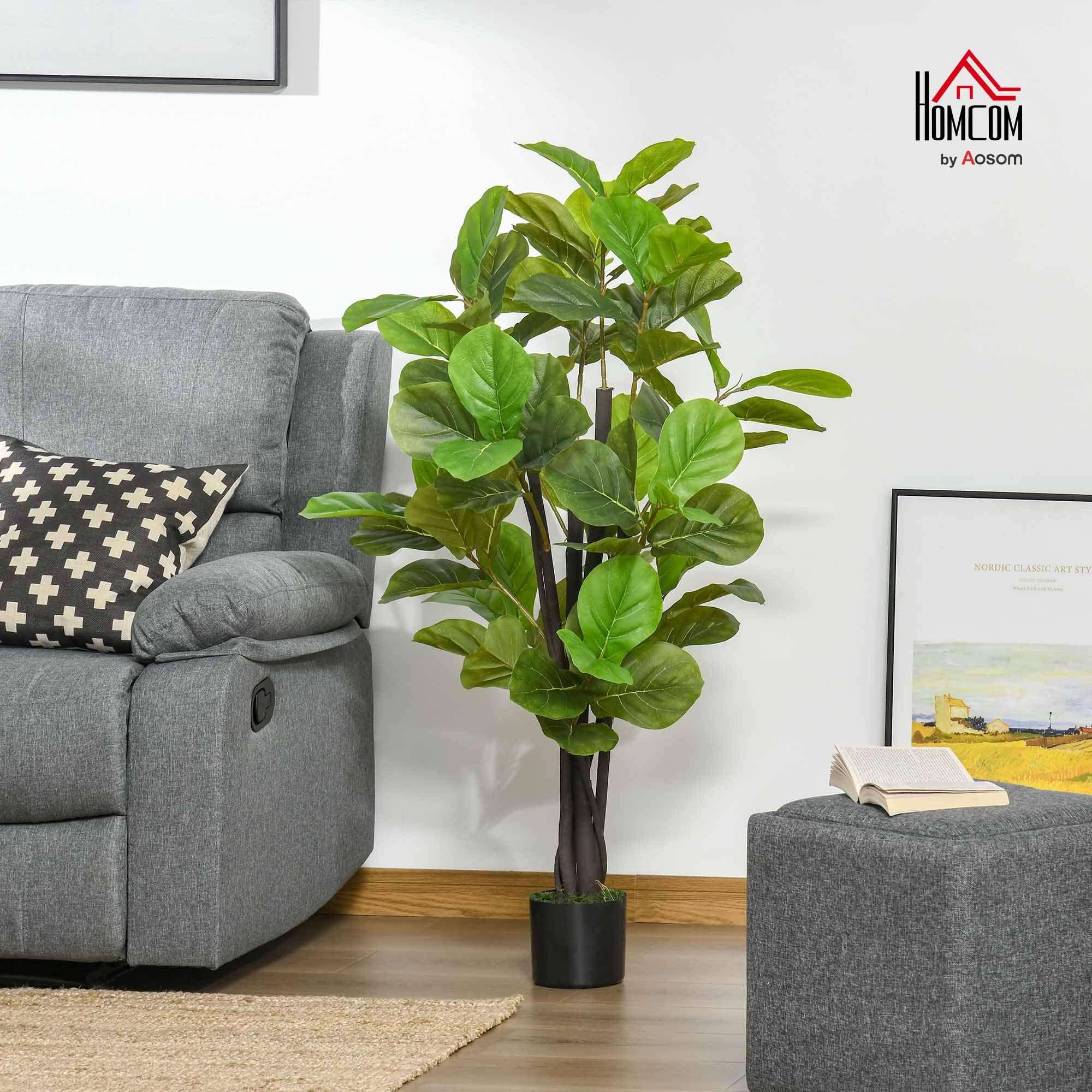 HOMCOM Ficus Artificial 130 cm Planta Artificial con Maceta Planta Artificial Decorativa para Interior y Exterior Hogar Salón Oficina Verde