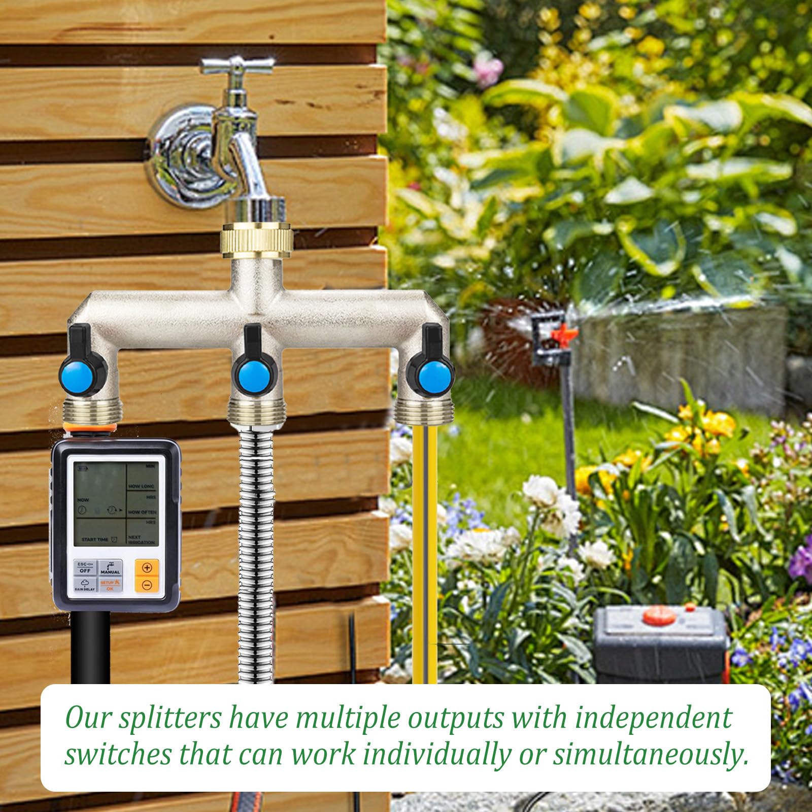 Distributore Acqua Rubinetto a 3 Vie, Sdoppiatore Rubinetto Giardino, Distributore a 3 Vie 3/4 Pollice con 3 Valvole a Sfera Separate, 3/4" Distributore a 3 Vie per Rubinetto Giardino Ottone (3 Vie)