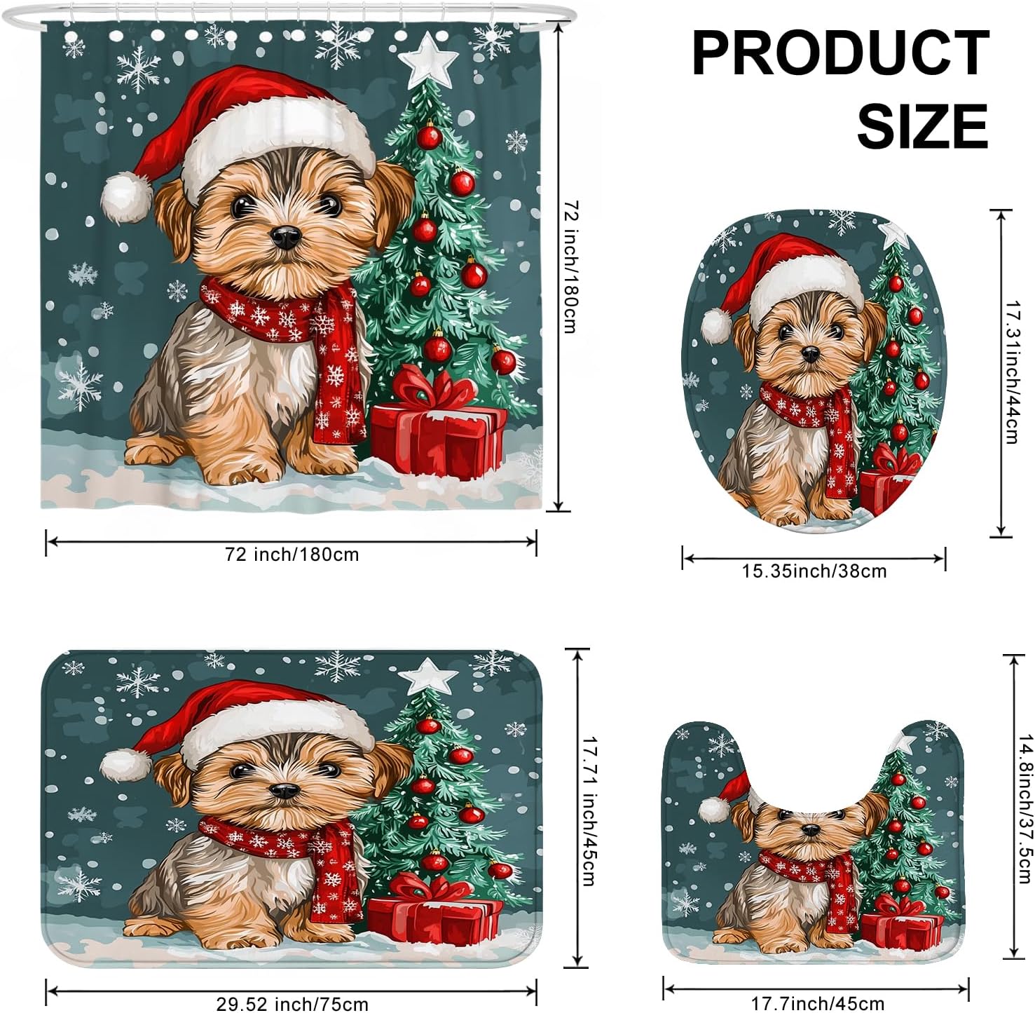 4PCS Christmas Yorkie Dog Shower Curtain 72" x 72" with Hooks, Bathroom Accessory Sets with Bath Mat, U Shape and Toilet Lid Cover Mat, Funny Puppy Xmas Animal Tree Home Fabric Decor