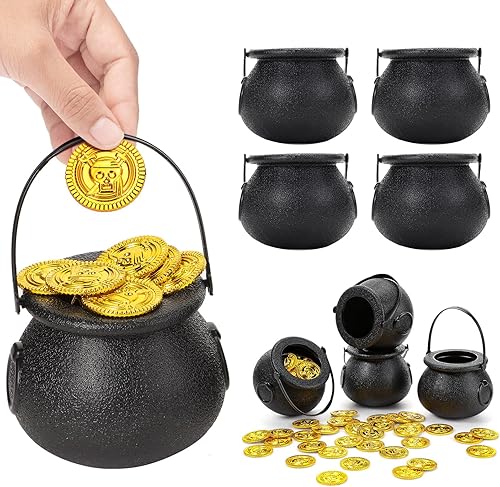 Juego de 64 calderos de bruja de Halloween, 4 calderos pequeños de plástico negro con 60 monedas doradas, recipiente con asa para fiesta de magos,