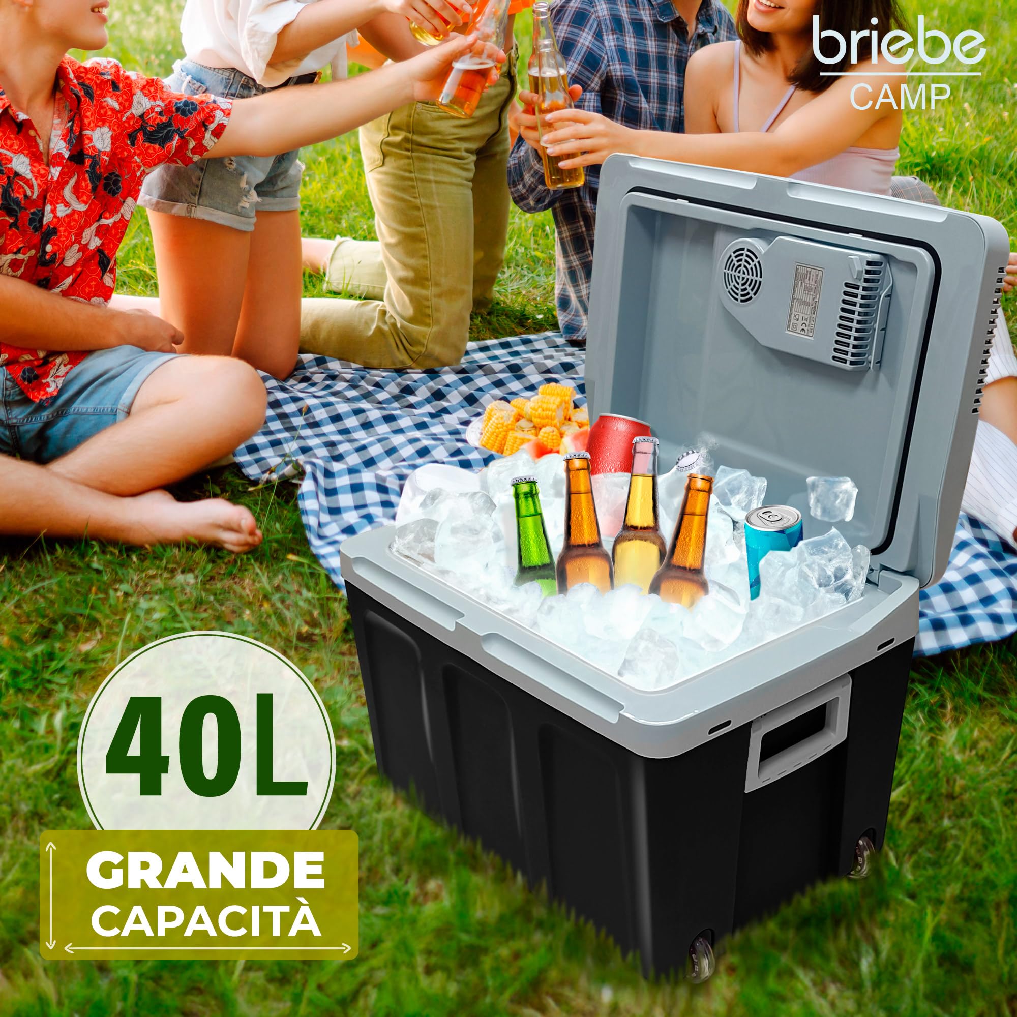 briebe Frigorifero Portatile da Viaggio Termoelettrico 40 Litri AC/DC 12V / 220V, Per Auto, Campeggio, Raffredda e Tiene Caldo, Modalità a Basso Consumo (Nero)