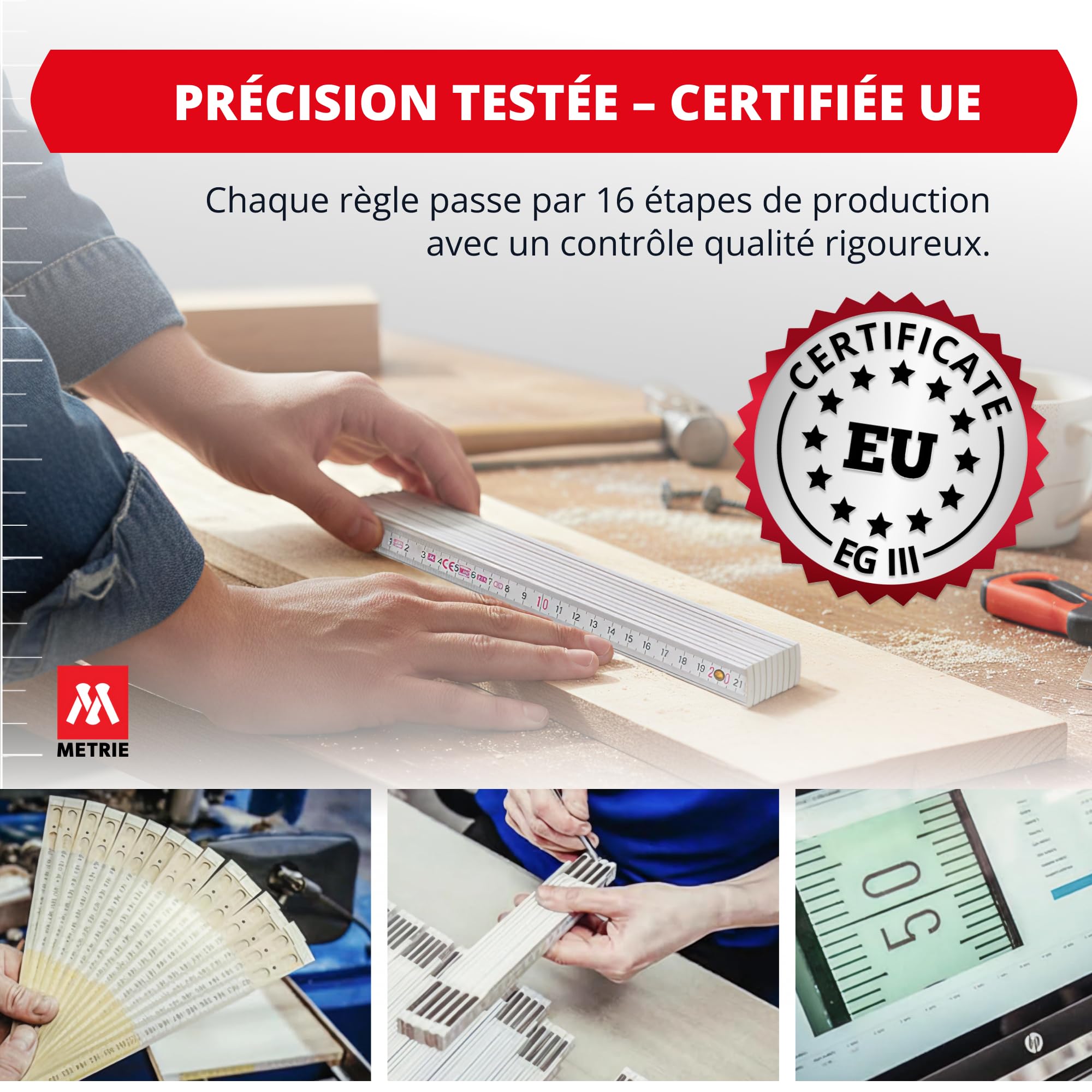Metrie™ Mètre pliant PROFI 15 – Mètre en bois 3 m | Blanc | Bois laqué, articulations en acier – Échelle duplex, Fabriqué dans l’UE | Robuste et précis | CE Cl. III | 10 pièces