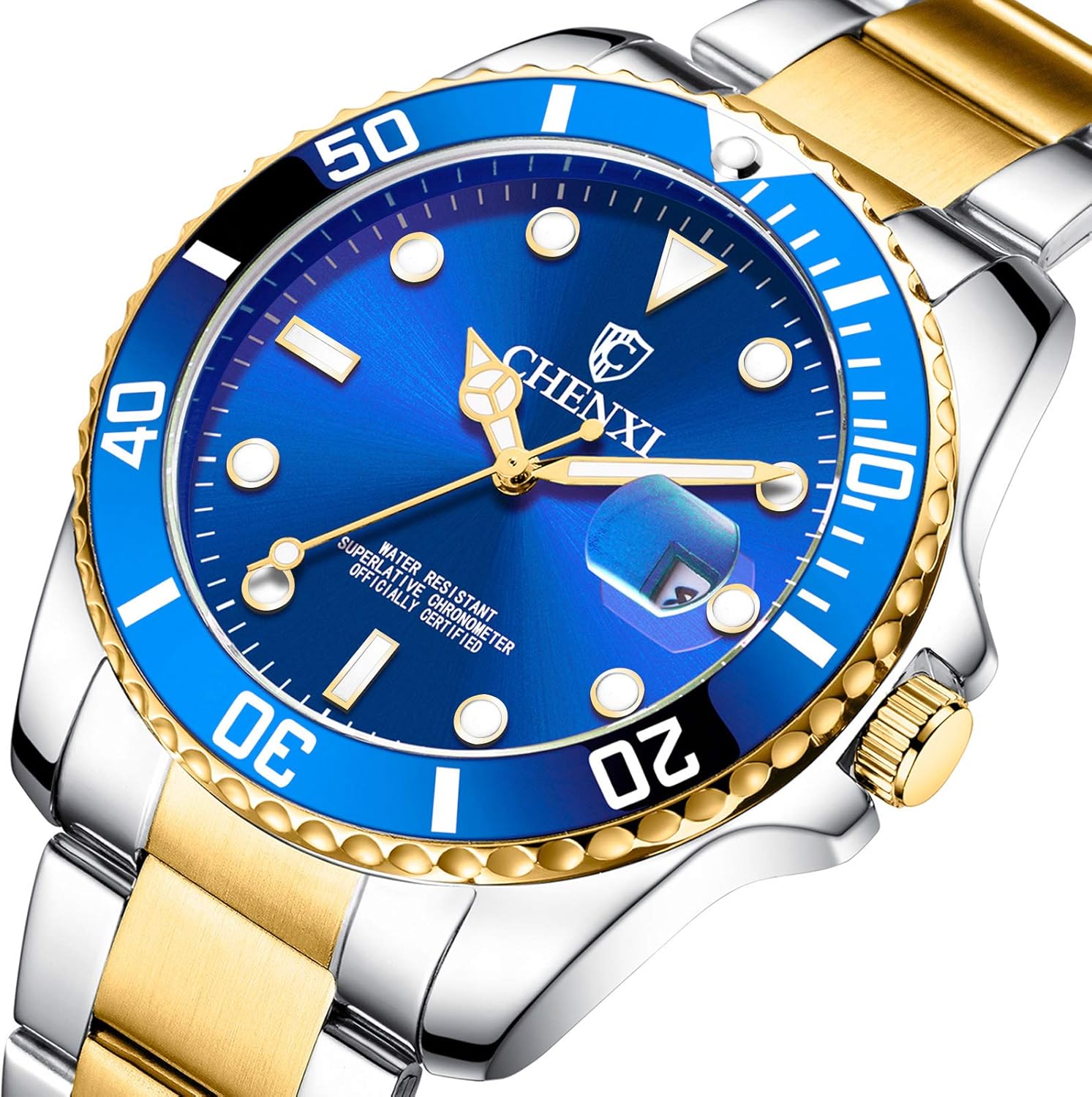 MASTOP Fashion Men's Watch Leather Or Stainless Steel Waterproof Date Quartz Wristwatches (Gold Silver Blue)