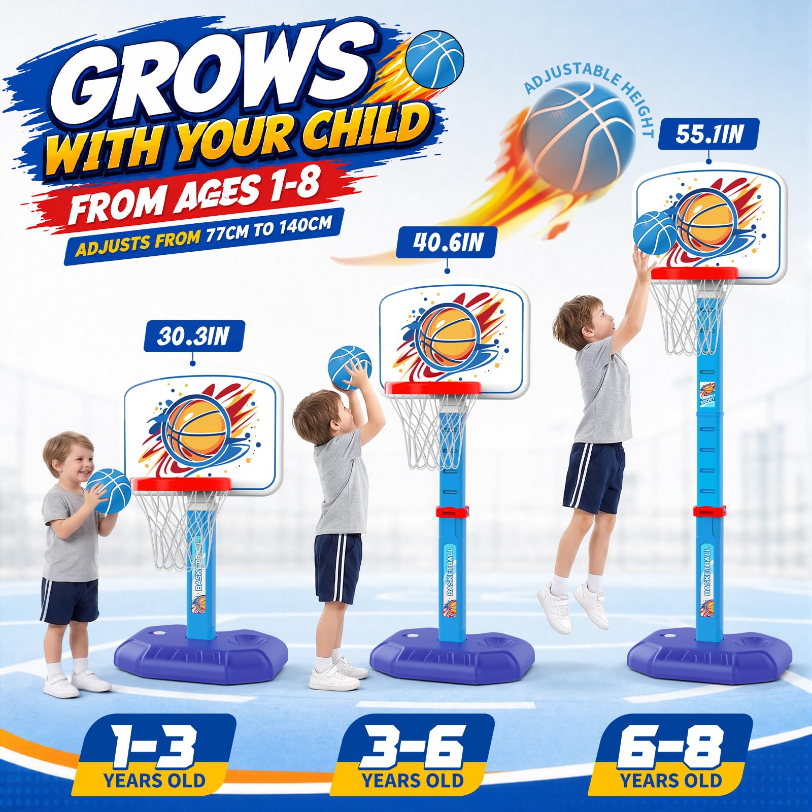 YESHIN Canestro da basket per bambini, per interni ed esterni, portatile, con pannello divertente, regolabile in altezza 77-140 cm, base stabile, 4 palle da basket e pompa, giocattolo per ragazzi e