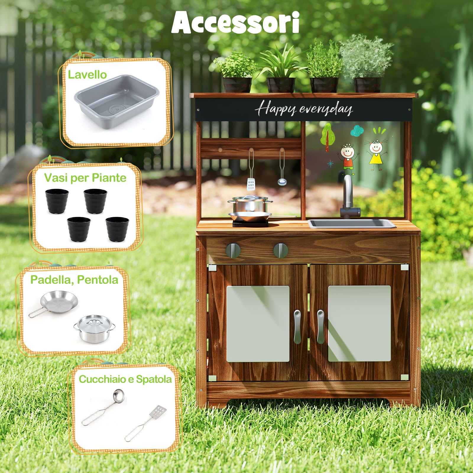COSTWAY Cucina Giocattolo da Giardino con Lavagna